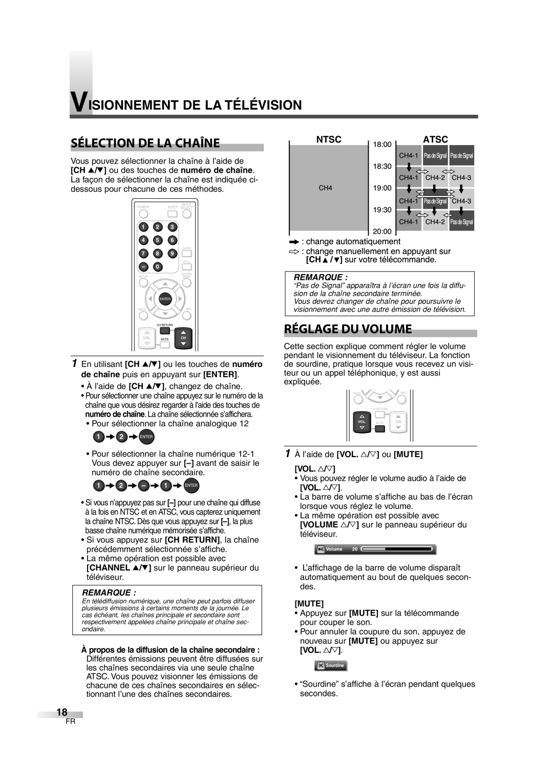FUNAI CIWL3206 owner manual Visionnement De La Télévision, Sélection De La Chaîne, Réglage Du Volume, Remarque, Mute 