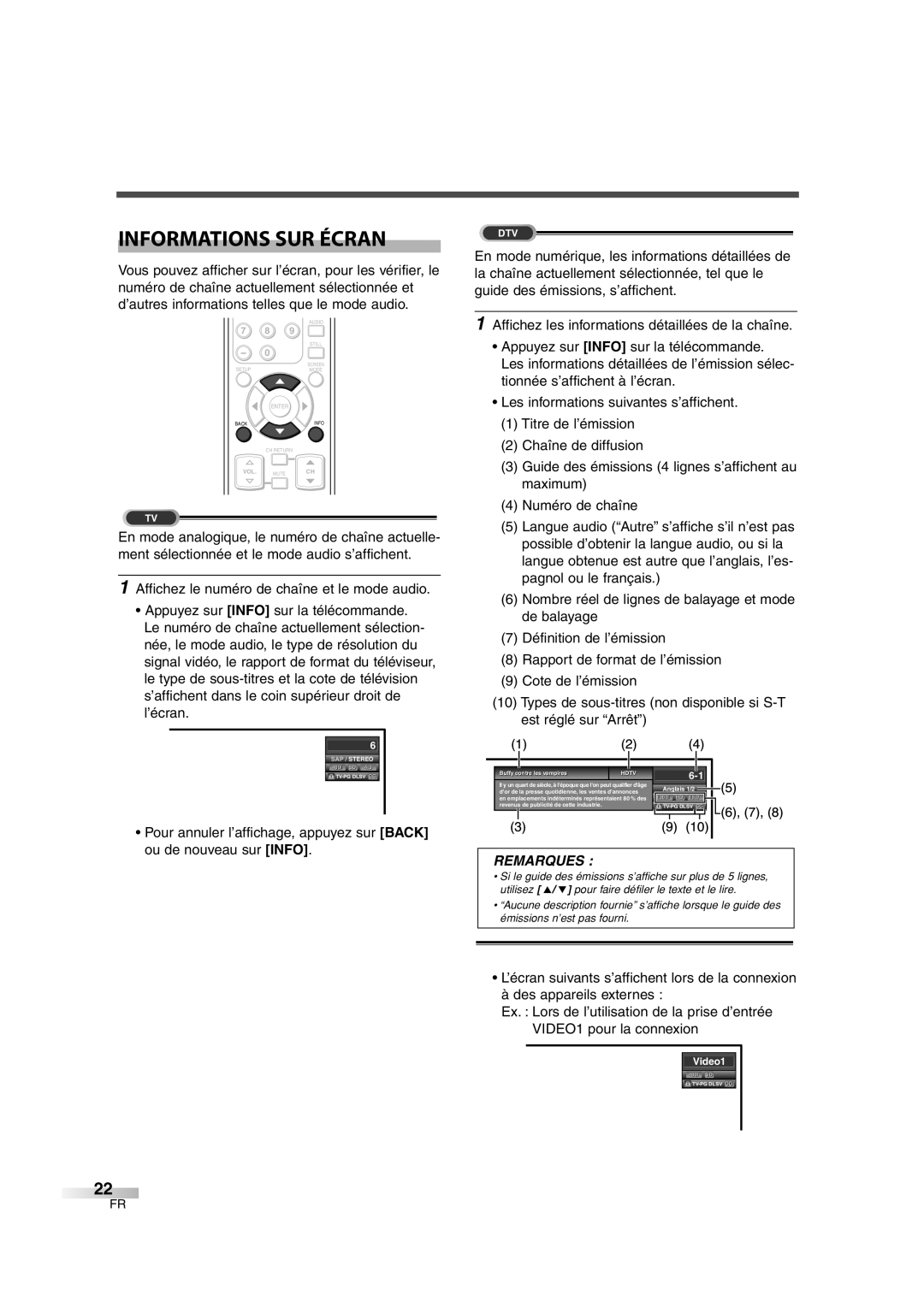 FUNAI CIWL3206 owner manual Informations Sur Écran, Remarques 