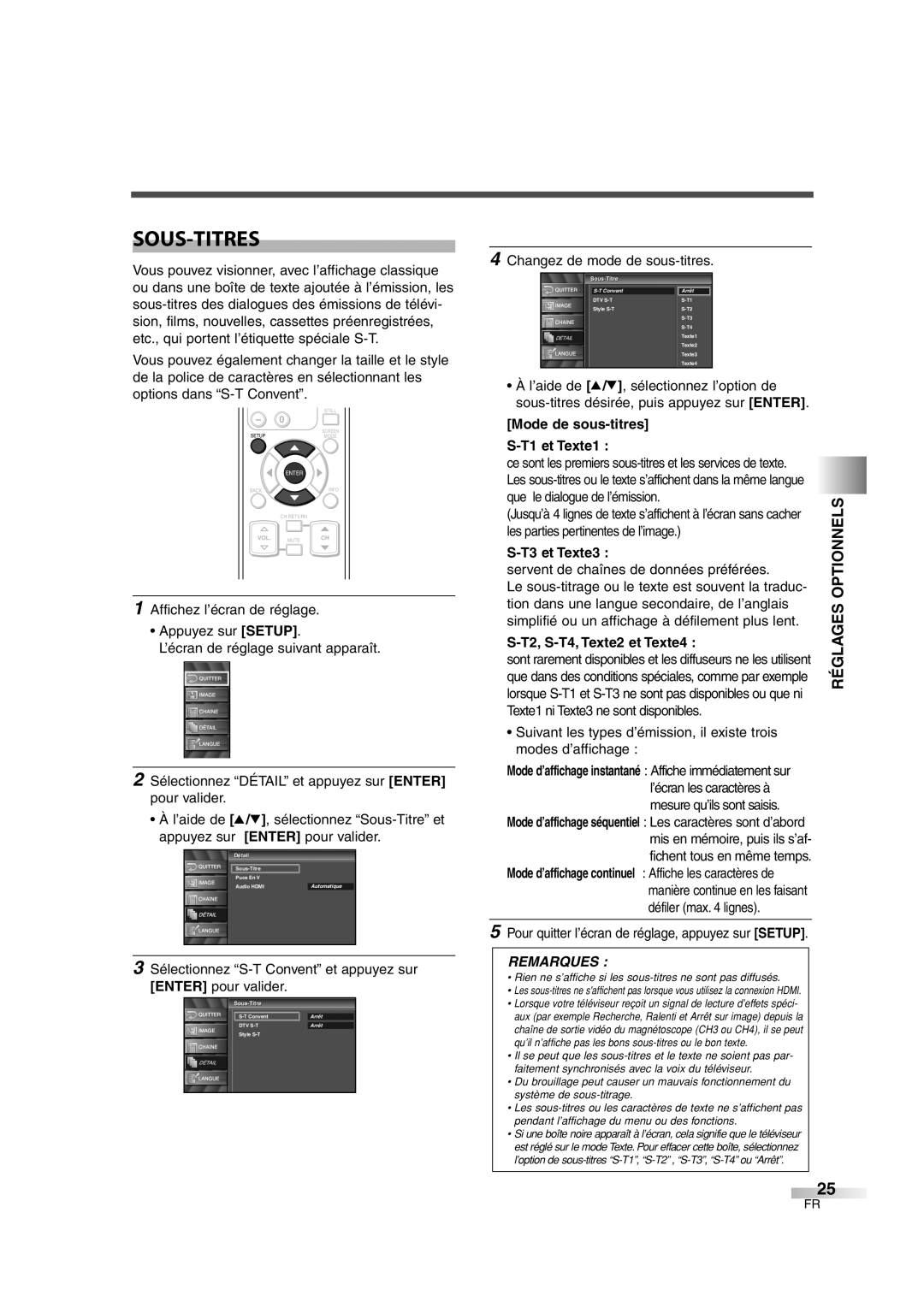 FUNAI CIWL3206 Sous-Titres, Mode de sous-titres S-T1 et Texte1, S-T3 et Texte3, S-T2, S-T4, Texte2 et Texte4, Remarques 