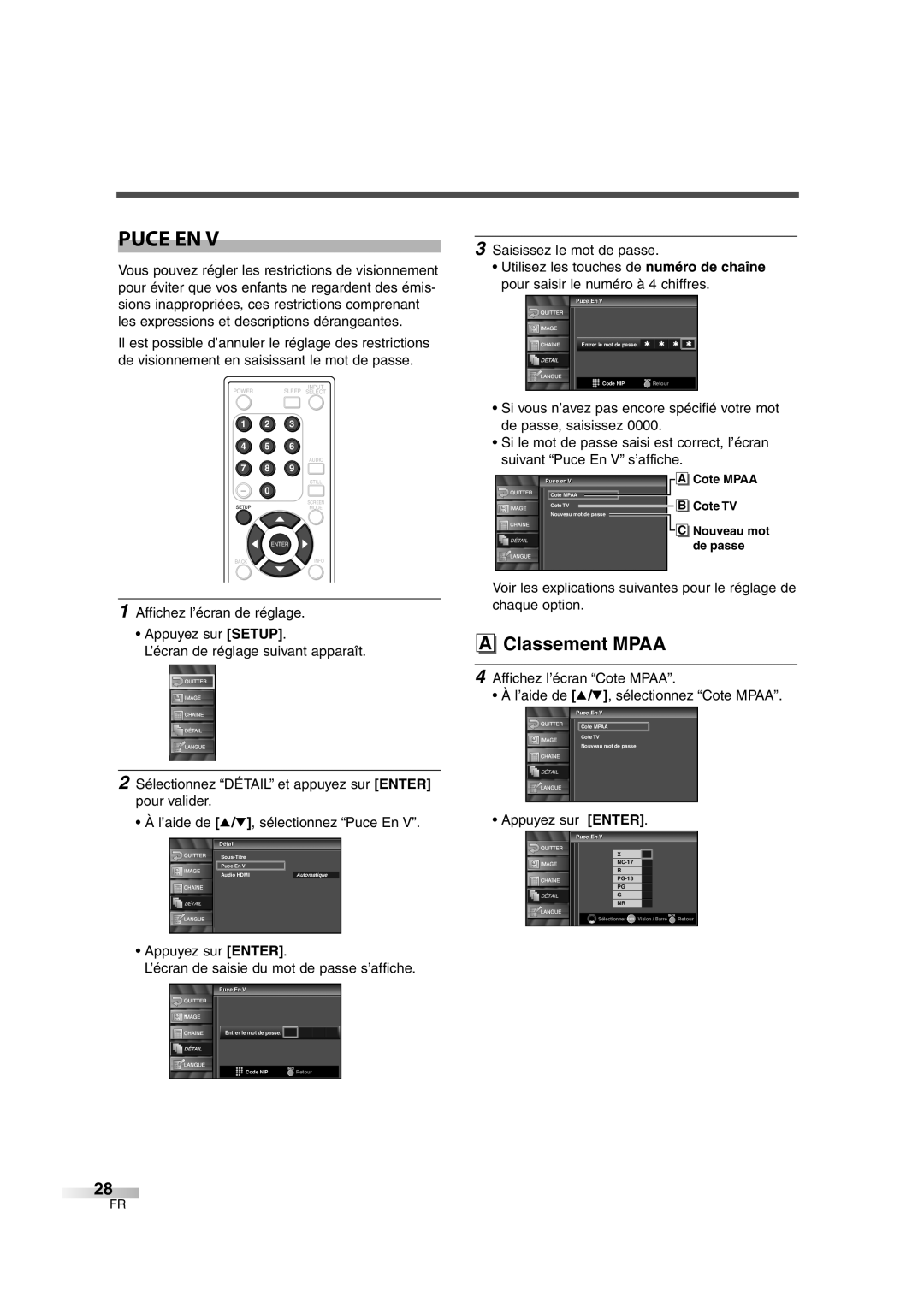 FUNAI CIWL3206 owner manual A Classement MPAA, suivant “Puce En V” s’affiche 