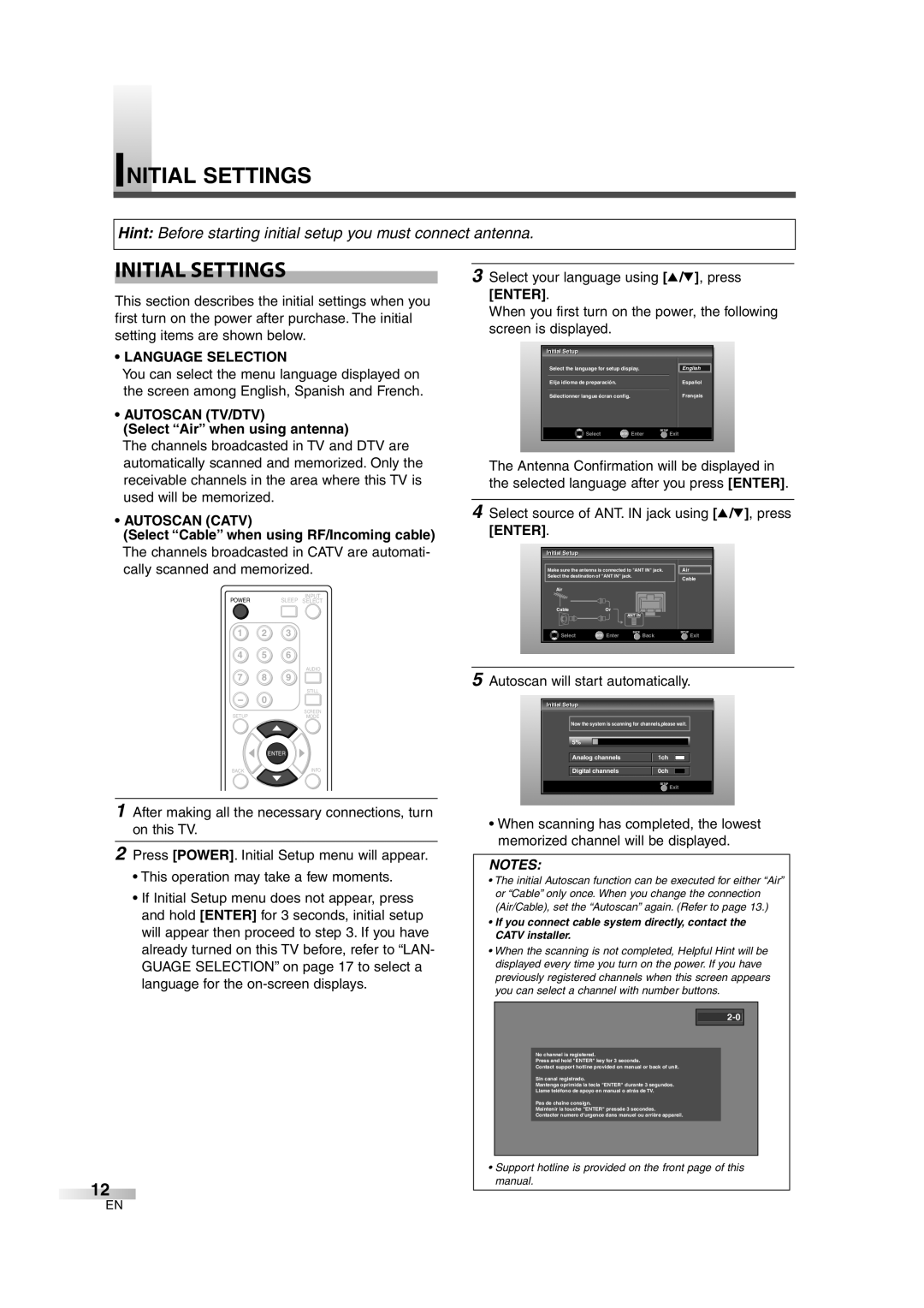 FUNAI CIWL3706 owner manual Initial Settings, Language Selection, Autoscan TV/DTV, Autoscan Catv 