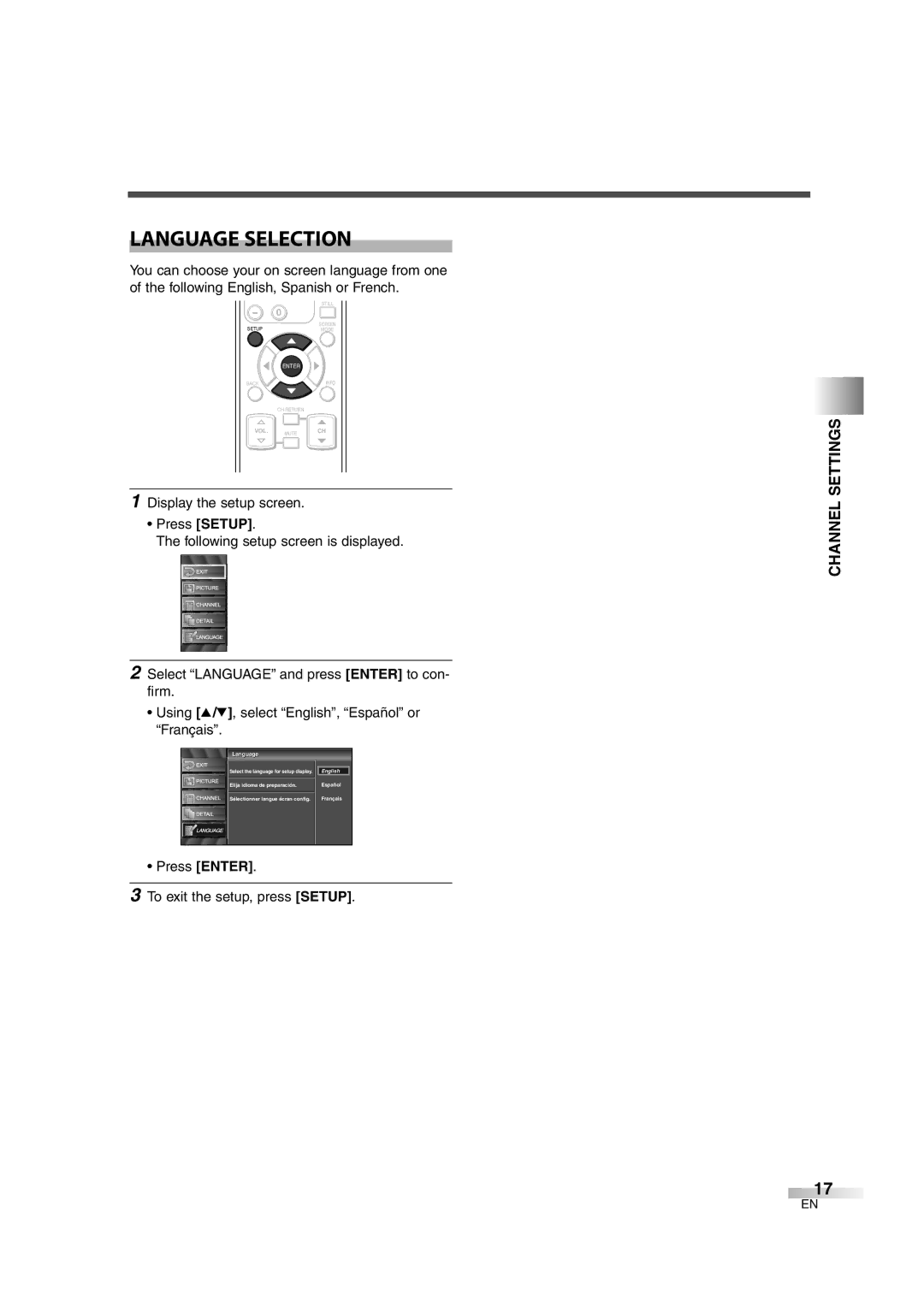 FUNAI CIWL3706 owner manual Language Selection, Press Enter To exit the setup, press Setup 