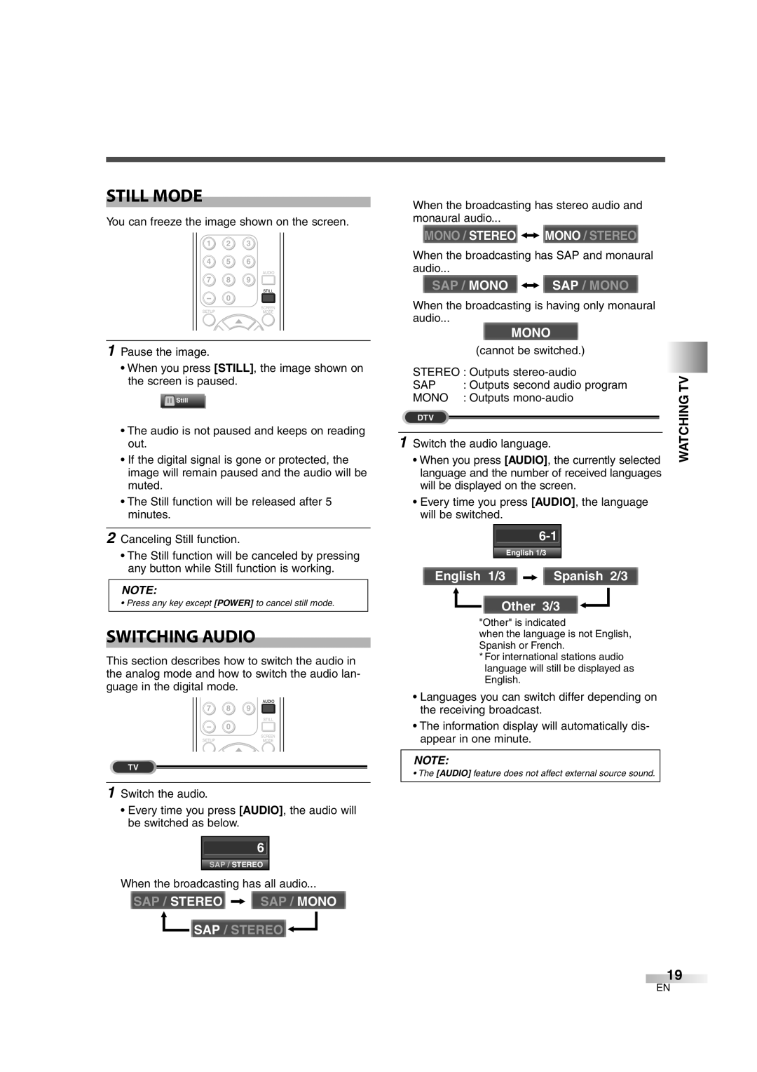 FUNAI CIWL3706 owner manual Still Mode, Switching Audio 