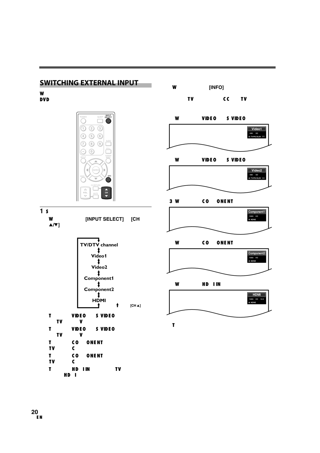 FUNAI CIWL3706 Switching External Input, When using VIDEO2 or S-VIDEO2 input jack, When using COMPONENT1 input jacks 