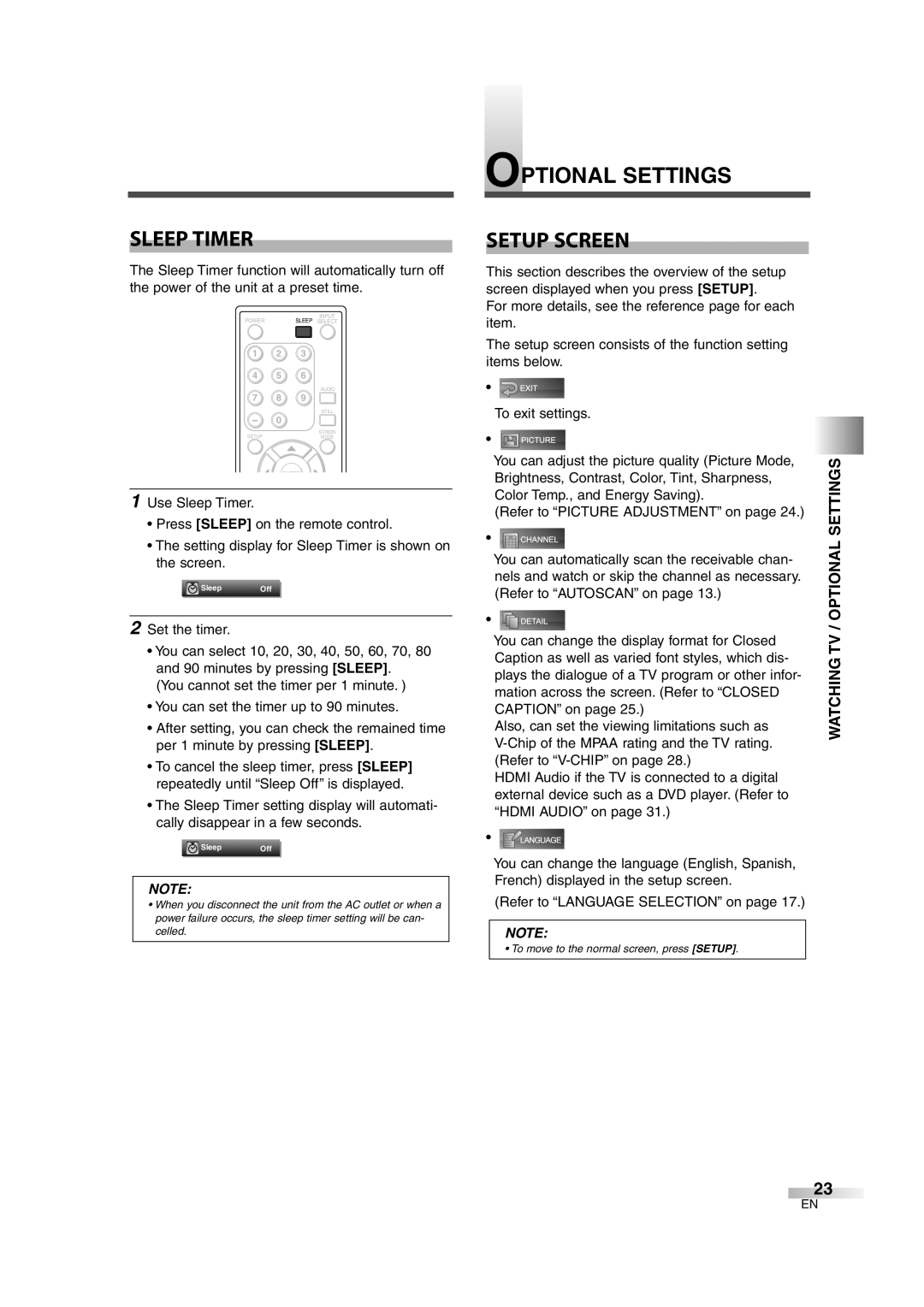 FUNAI CIWL3706 owner manual Sleep Timer, Optional Settings Setup Screen, Watching TV / Optional Settings 