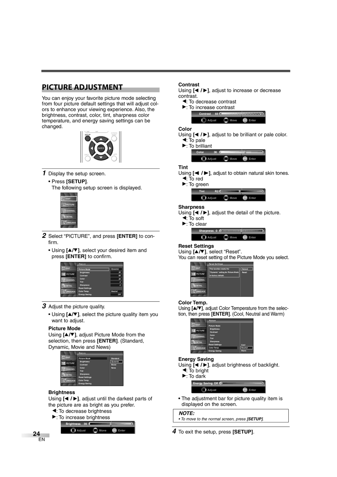 FUNAI CIWL3706 owner manual Picture Adjustment 