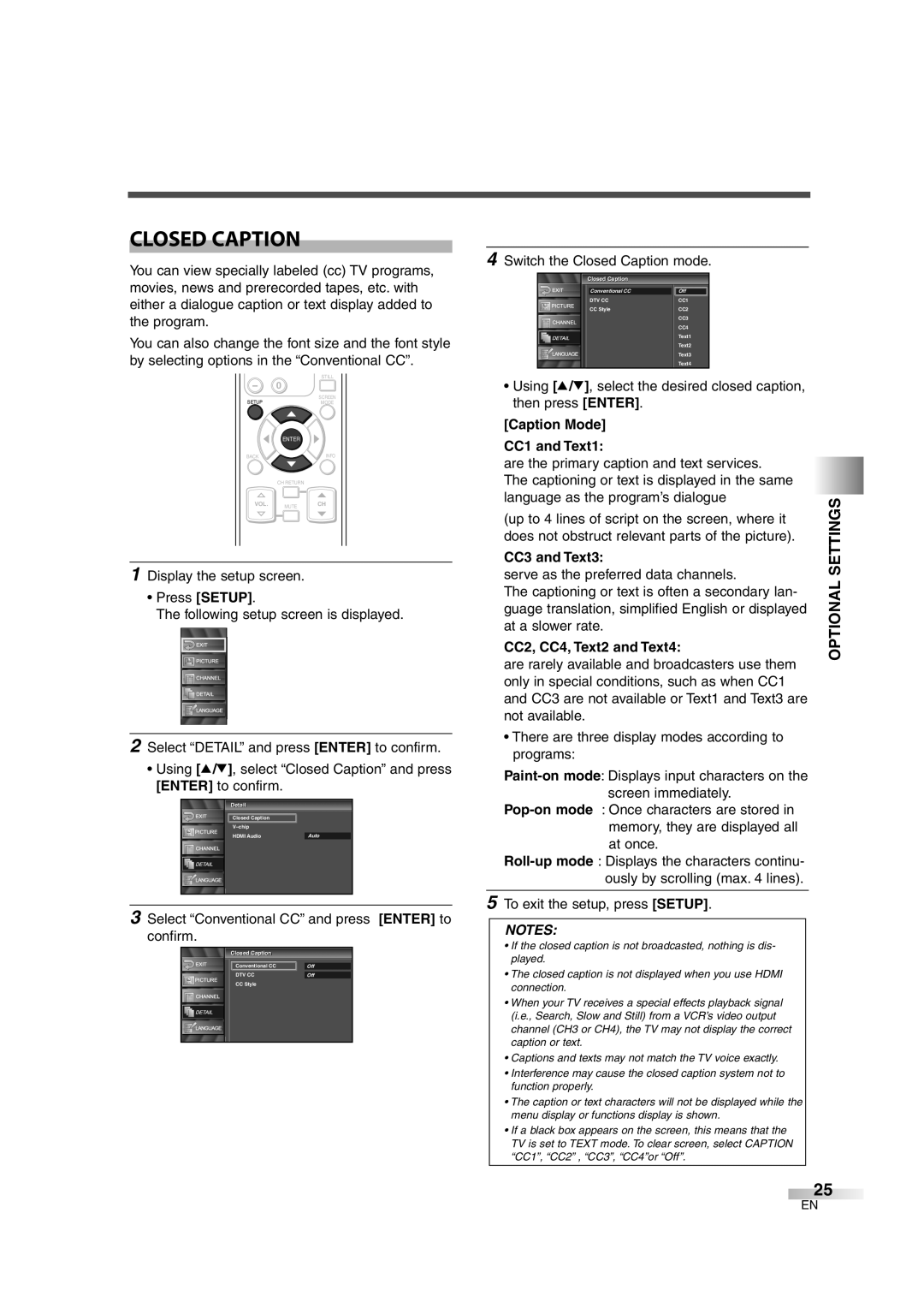 FUNAI CIWL3706 owner manual Closed Caption, Caption Mode CC1 and Text1, CC3 and Text3, CC2, CC4, Text2 and Text4 