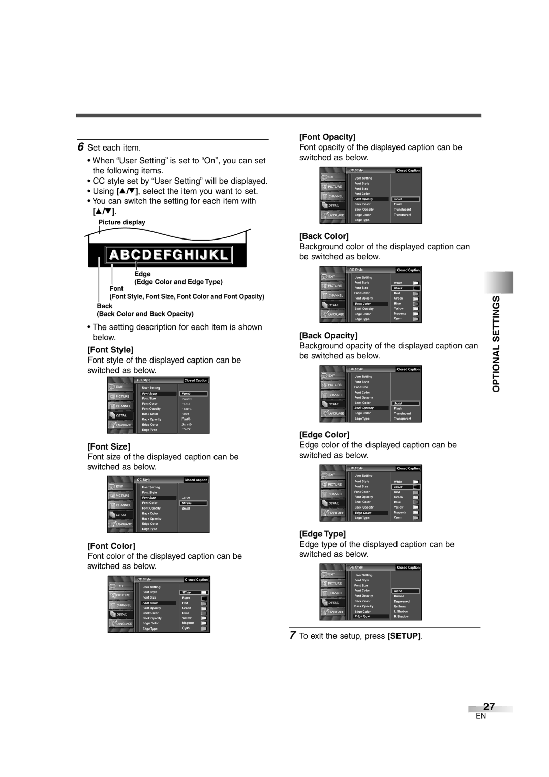 FUNAI CIWL3706 owner manual Optional Settings 