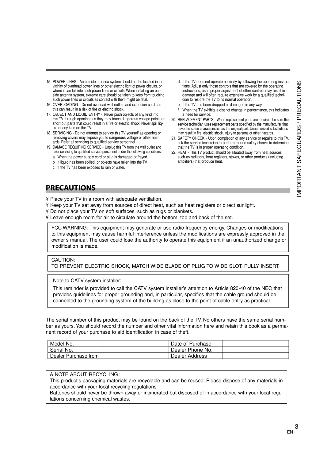 FUNAI CIWL3706 owner manual Important Safeguards / Precautions, Dealer Purchase from 