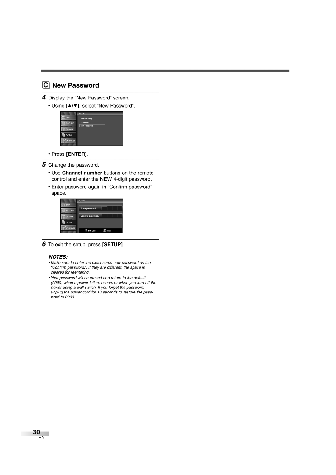 FUNAI CIWL3706 owner manual New Password, Chipip Enter password Confirm password 