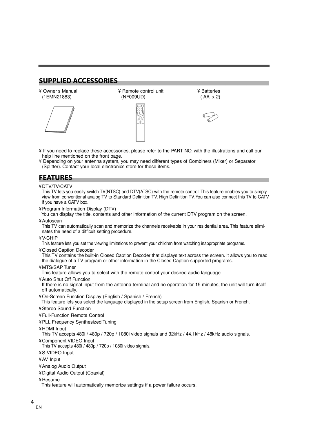 FUNAI CIWL3706 owner manual Supplied Accessories, Features, Dtv/Tv/Catv, Chip 