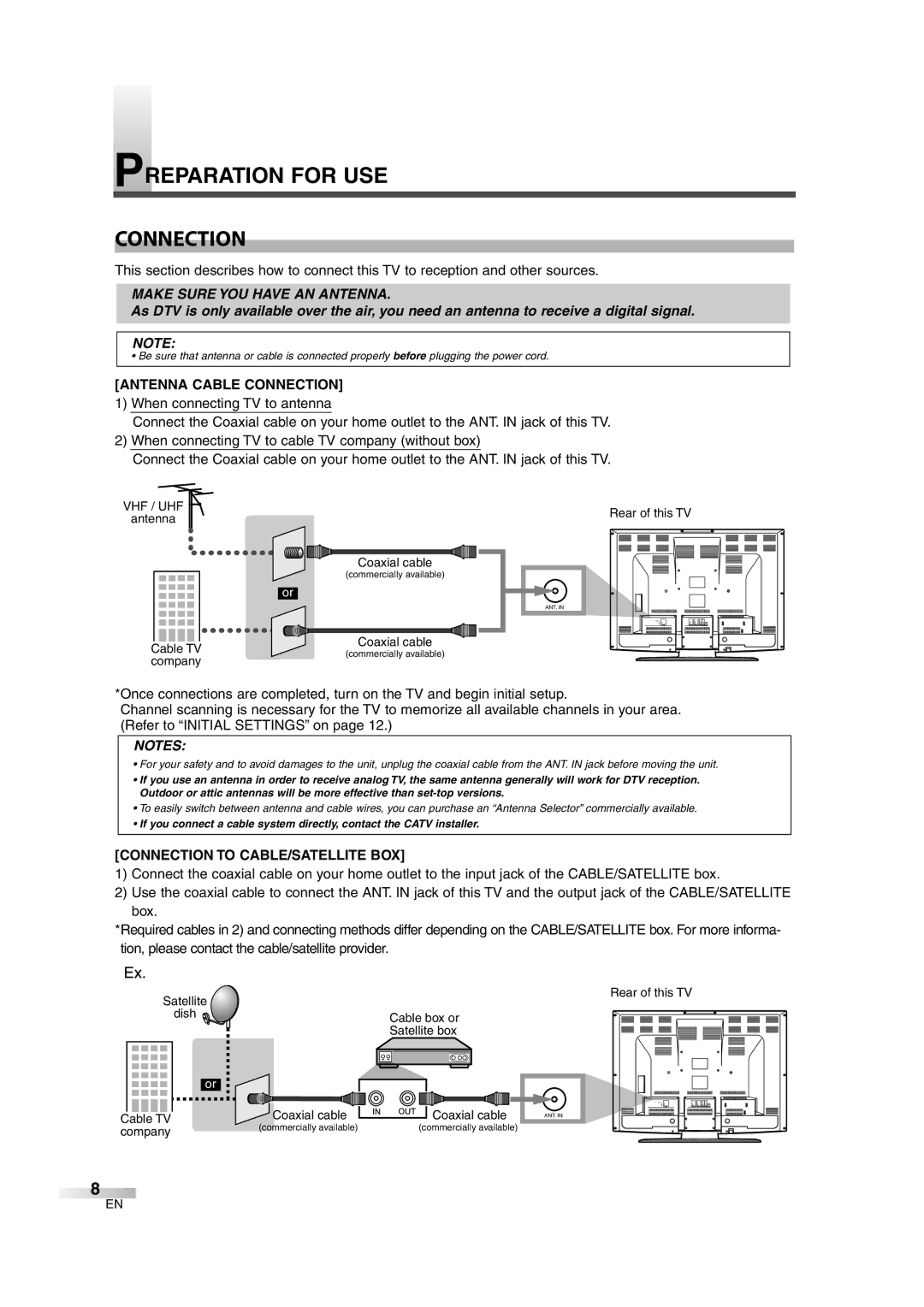 FUNAI CIWL3706 owner manual Preparation for USE Connection, Antenna Cable Connection, Connection to CABLE/SATELLITE BOX 