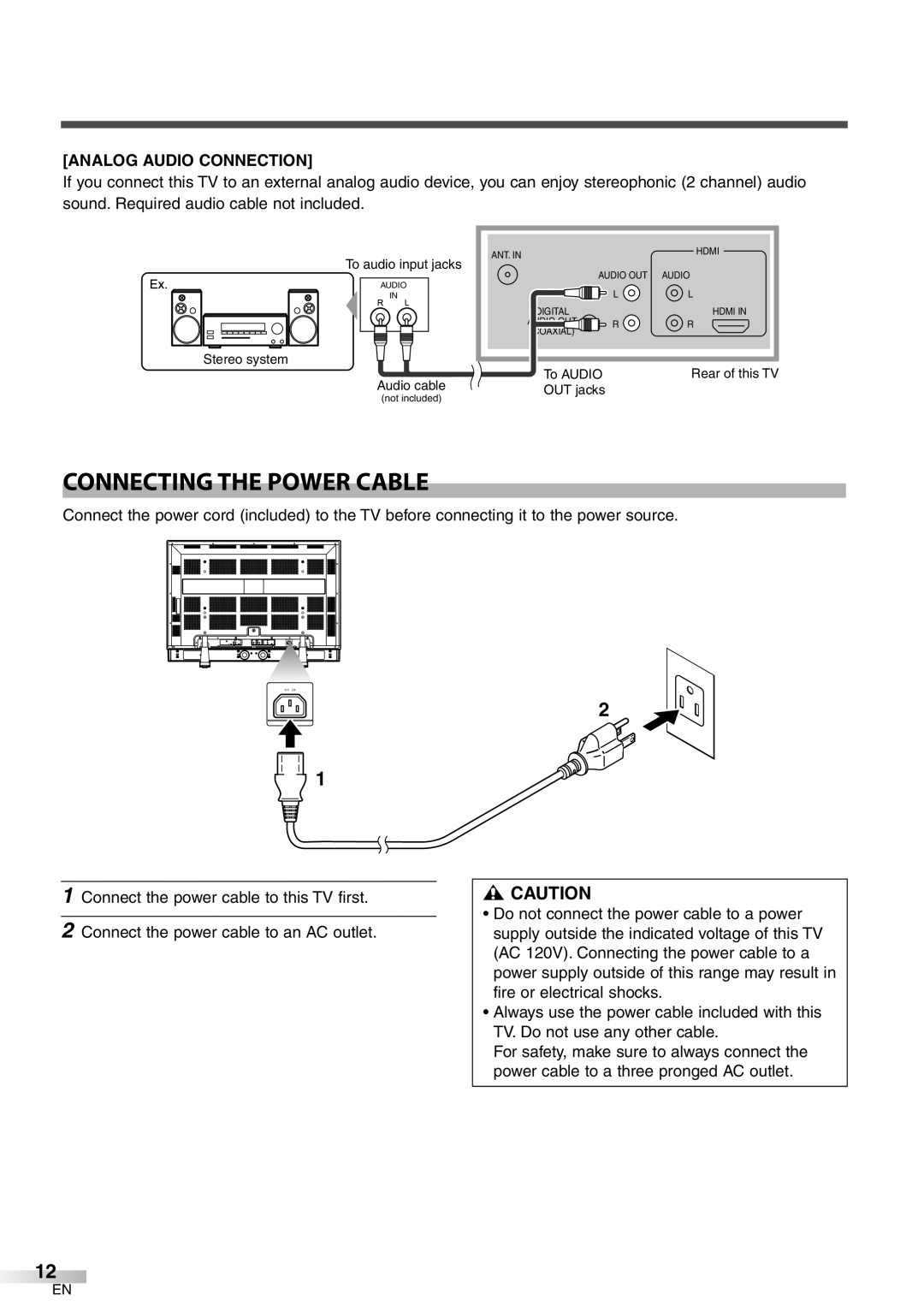 FUNAI CIWP4206 A owner manual Connecting the Power Cable, Analog Audio Connection 