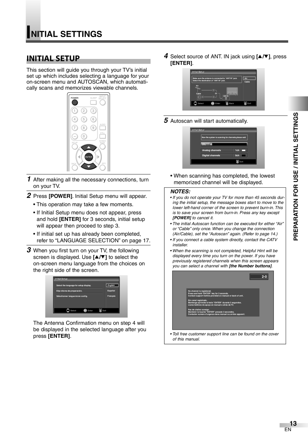 FUNAI CIWP4206 A owner manual Initial Settings Initial Setup, Select source of ANT. in jack using K/L, press Enter 