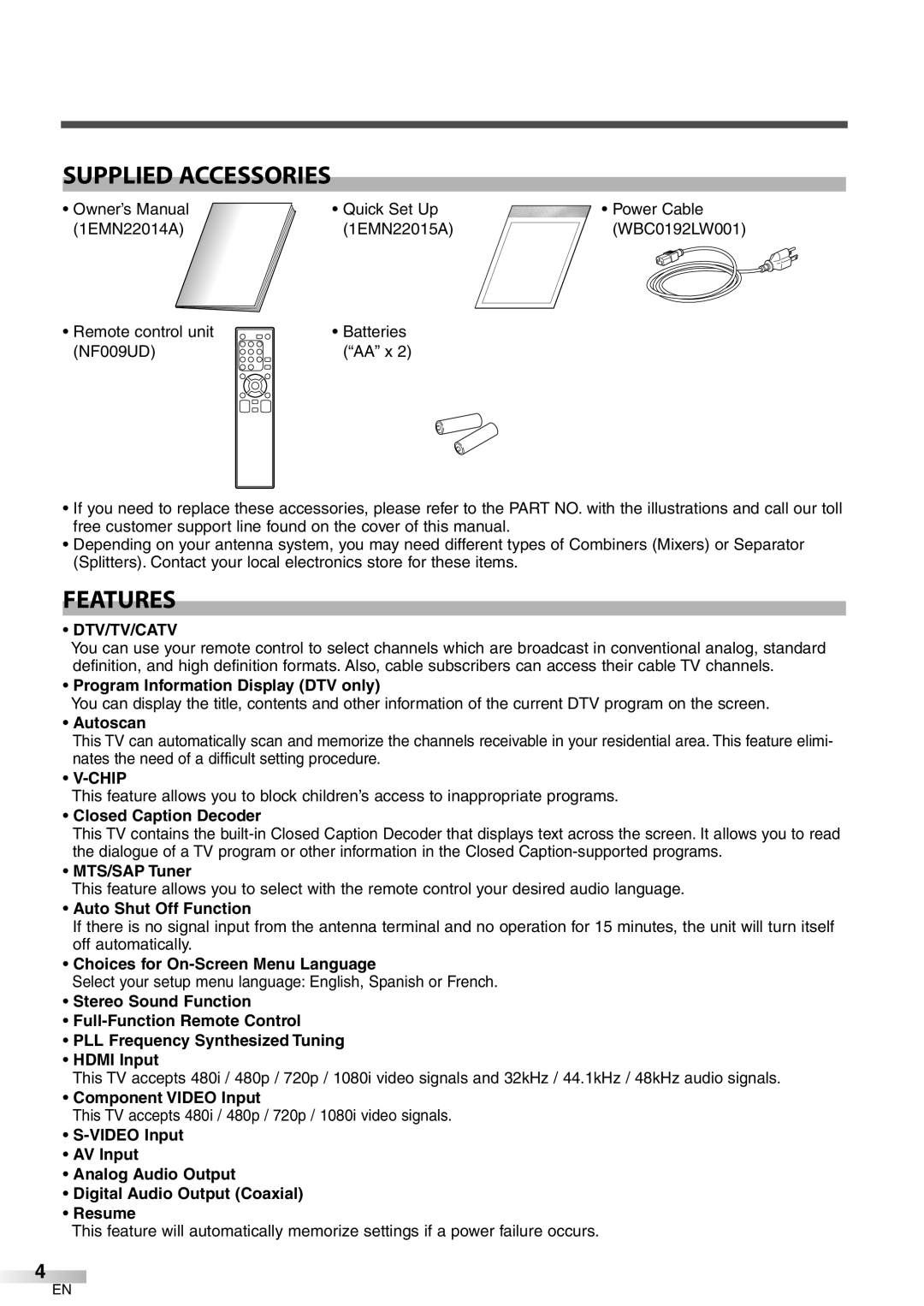 FUNAI CIWP4206 A owner manual Supplied Accessories, Features, Dtv/Tv/Catv, Chip 