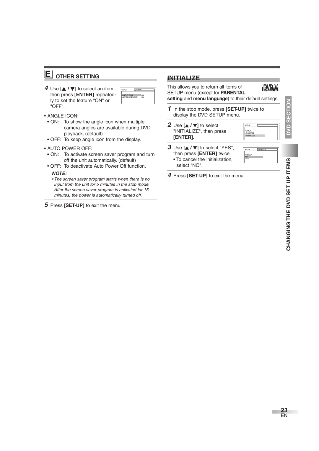 FUNAI CMWC13D6 owner manual Initialize, Other Setting, Changing the DVD SET UP Items, Angle Icon, Auto Power OFF 