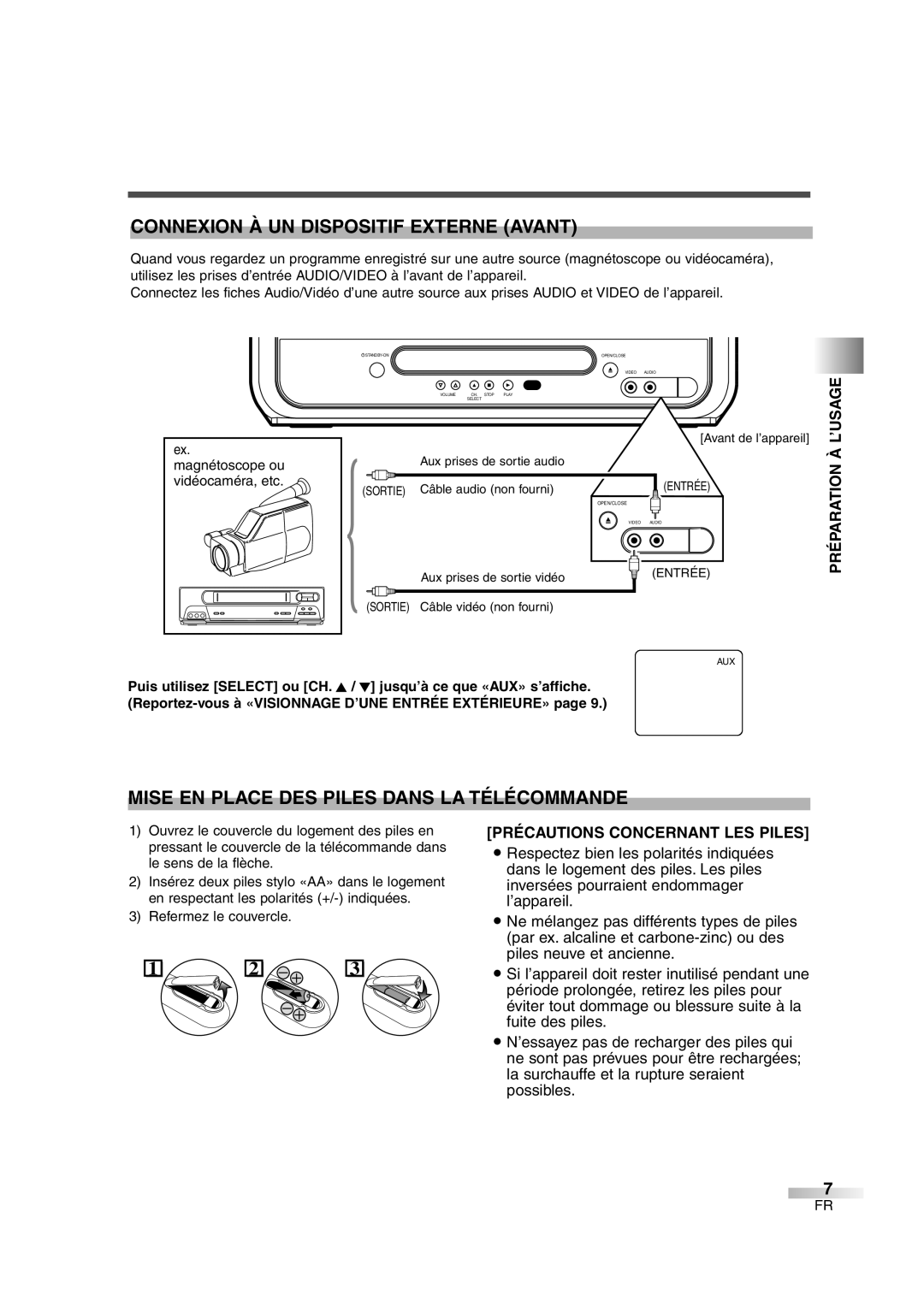 FUNAI CMWC13D6 owner manual Connexion À UN Dispositif Externe Avant, Mise EN Place DES Piles Dans LA Télécommande 