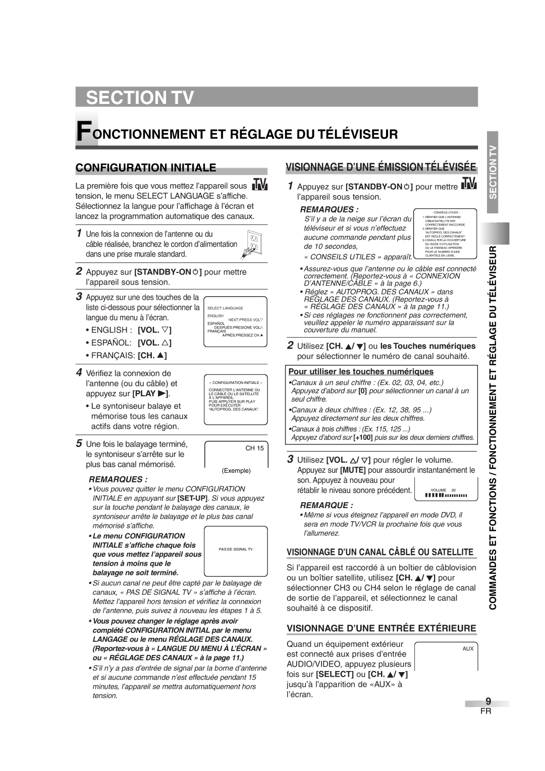 FUNAI CMWC13D6 Fonctionnement ET Réglage DU Téléviseur, Configuration Initiale, Visionnage D’UNE Entrée Extérieure 