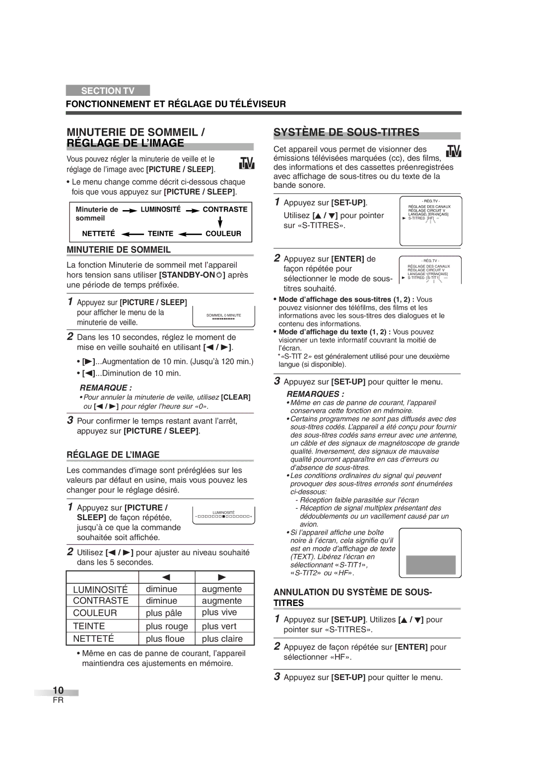 FUNAI CMWC13D6 owner manual Minuterie DE Sommeil Réglage DE L’IMAGE, Système DE SOUS-TITRES 