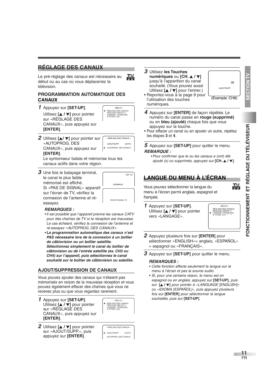 FUNAI CMWC13D6 owner manual Réglage DES Canaux, Langue DU Menu À L’ÉCRAN 