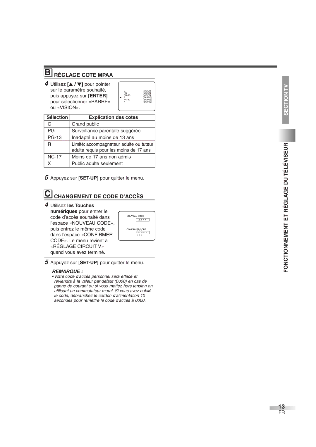 FUNAI CMWC13D6 owner manual Réglage Cote Mpaa, Changement DE Code D’ACCÈS, «RÉGLAGE Circuit V» 