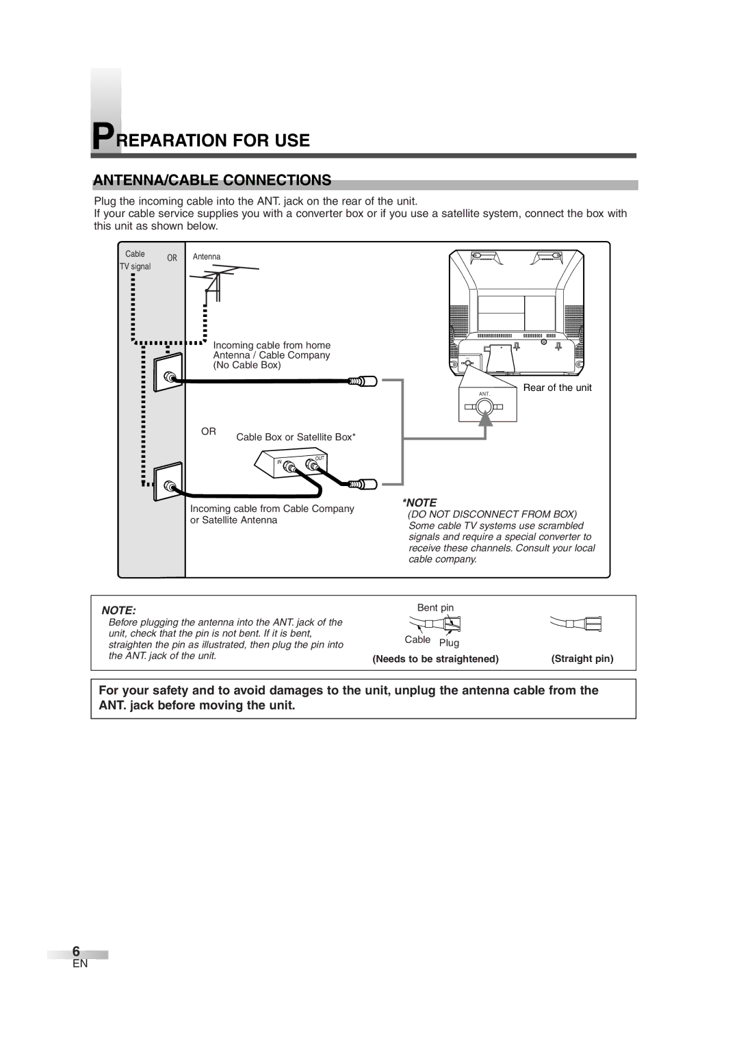 FUNAI CMWC13D6 owner manual Preparation for USE, ANTENNA/CABLE Connections 