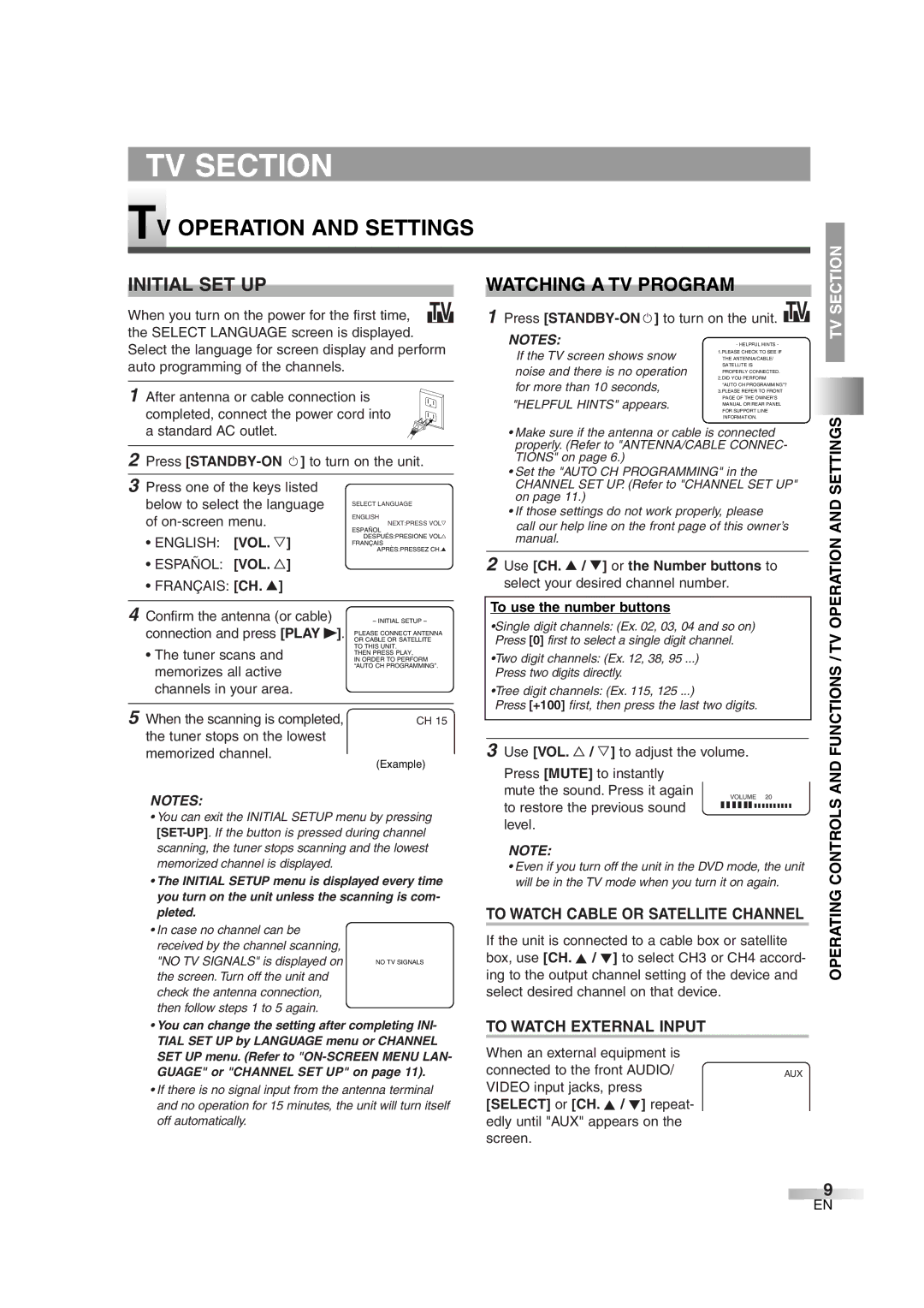 FUNAI CMWC13D6 owner manual TV Operation and Settings, Initial SET UP, Watching a TV Program 