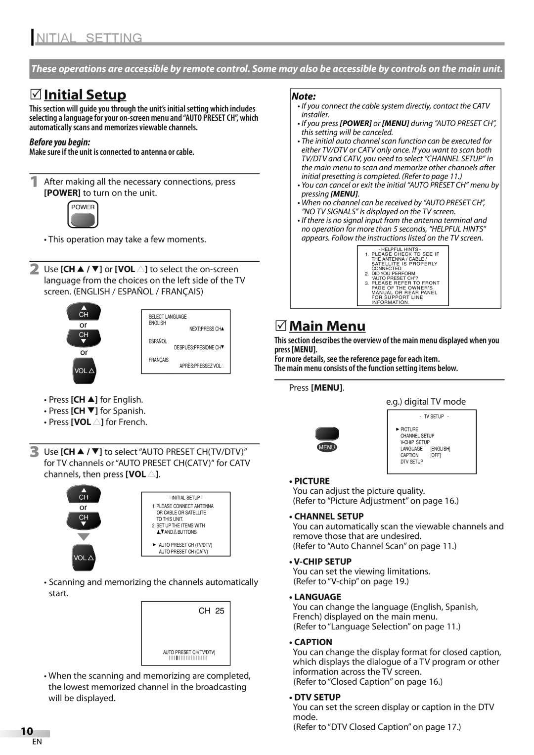 FUNAI CR130DR8 Initial Setting, 5Initial Setup, 5Main Menu, Make sure if the unit is connected to antenna or cable 