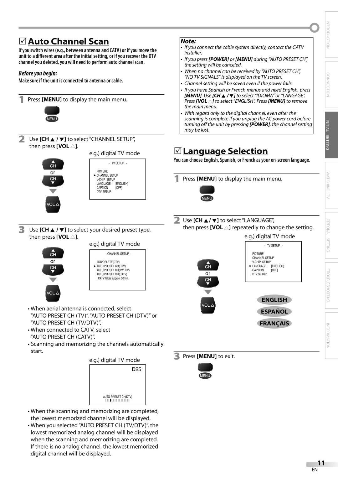 FUNAI CR130DR8 5Auto Channel Scan, 5Language Selection, Scanning and memorizing the channels automatically start, English 