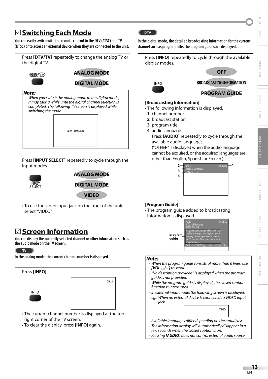 FUNAI CR130DR8 owner manual 5Switching Each Mode, 5Screen Information, Analog Mode, Digital Mode 