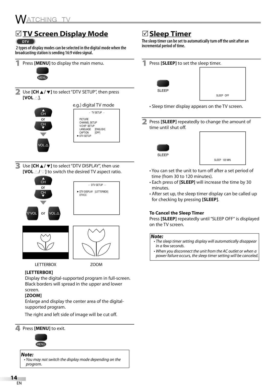 FUNAI CR130DR8 owner manual 5TV Screen Display Mode, 5Sleep Timer, To Cancel the Sleep Timer 