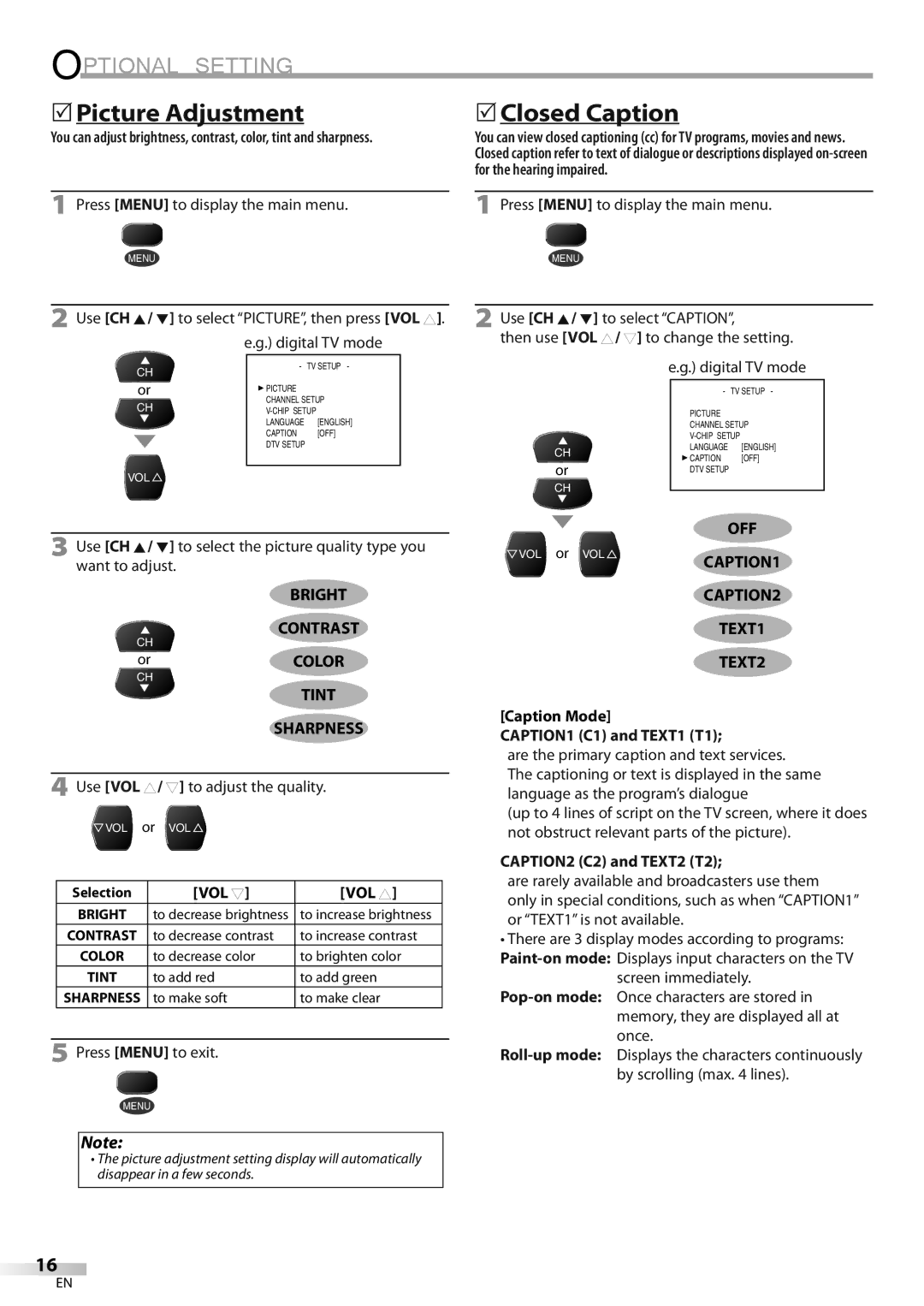 FUNAI CR130DR8 owner manual 5Picture Adjustment, Bright Contrast, Tint Sharpness, Off 