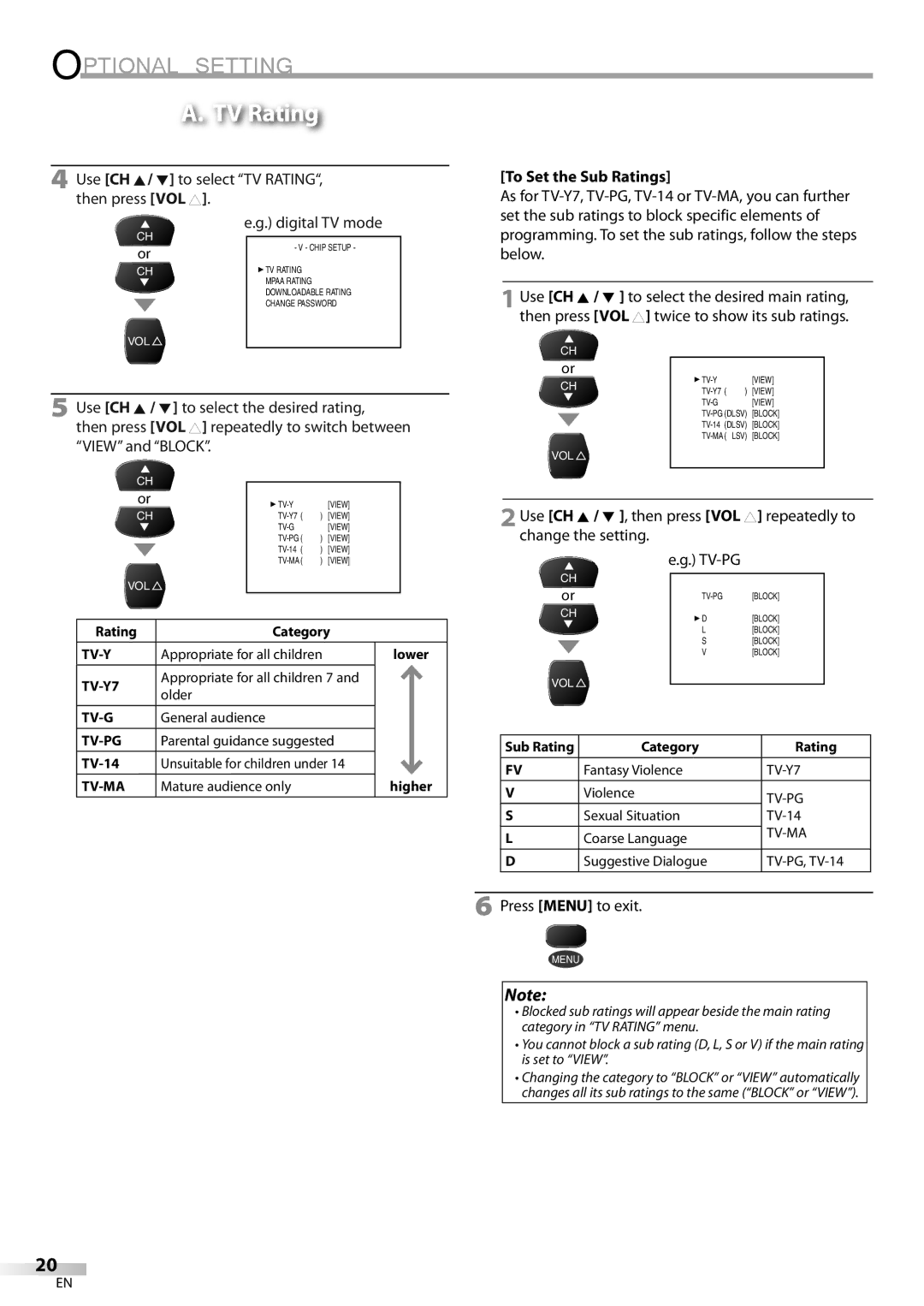 FUNAI CR130DR8 owner manual TV Rating, To Set the Sub Ratings 