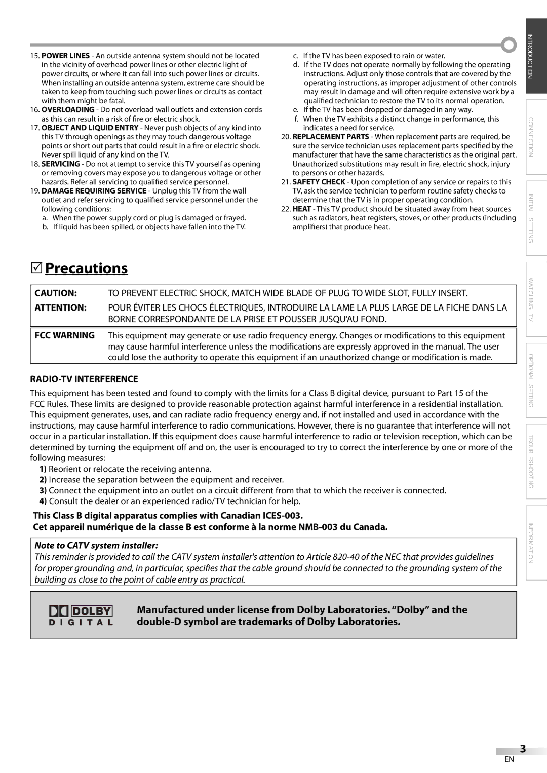 FUNAI CR130DR8 owner manual Precautions, RADIO-TV Interference 