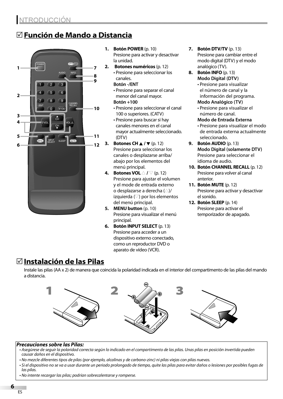 FUNAI CR130DR8 owner manual 5Función de Mando a Distancia, 5Instalación de las Pilas, Menu button p 