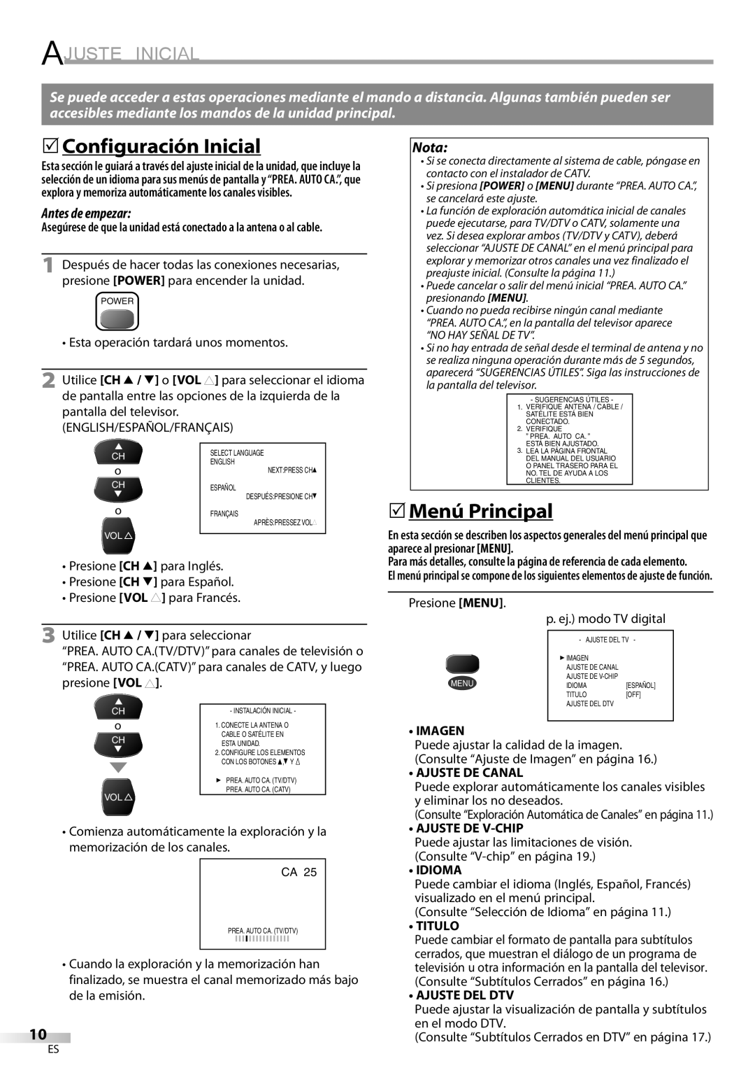 FUNAI CR130DR8 owner manual Ajuste Inicial, 5Configuración Inicial, 5Menú Principal 