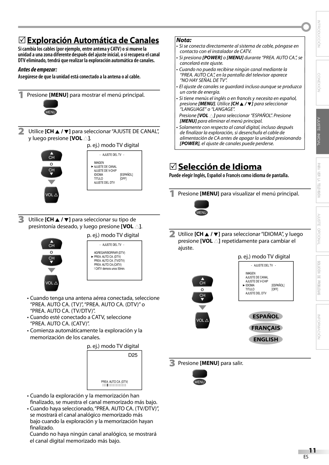 FUNAI CR130DR8 owner manual 5Selección de Idioma, Español, Français English 