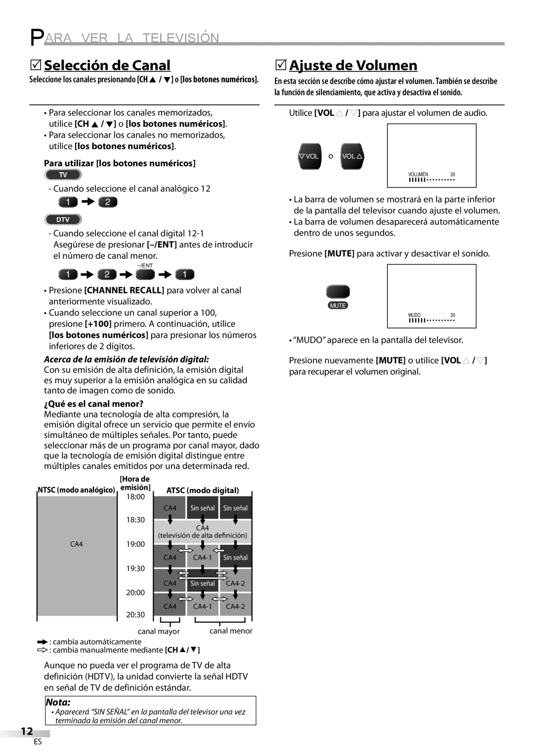 FUNAI CR130DR8 Para VER LA Televisión, 5Selección de Canal, 5Ajuste de Volumen, Para utilizar los botones numéricos 