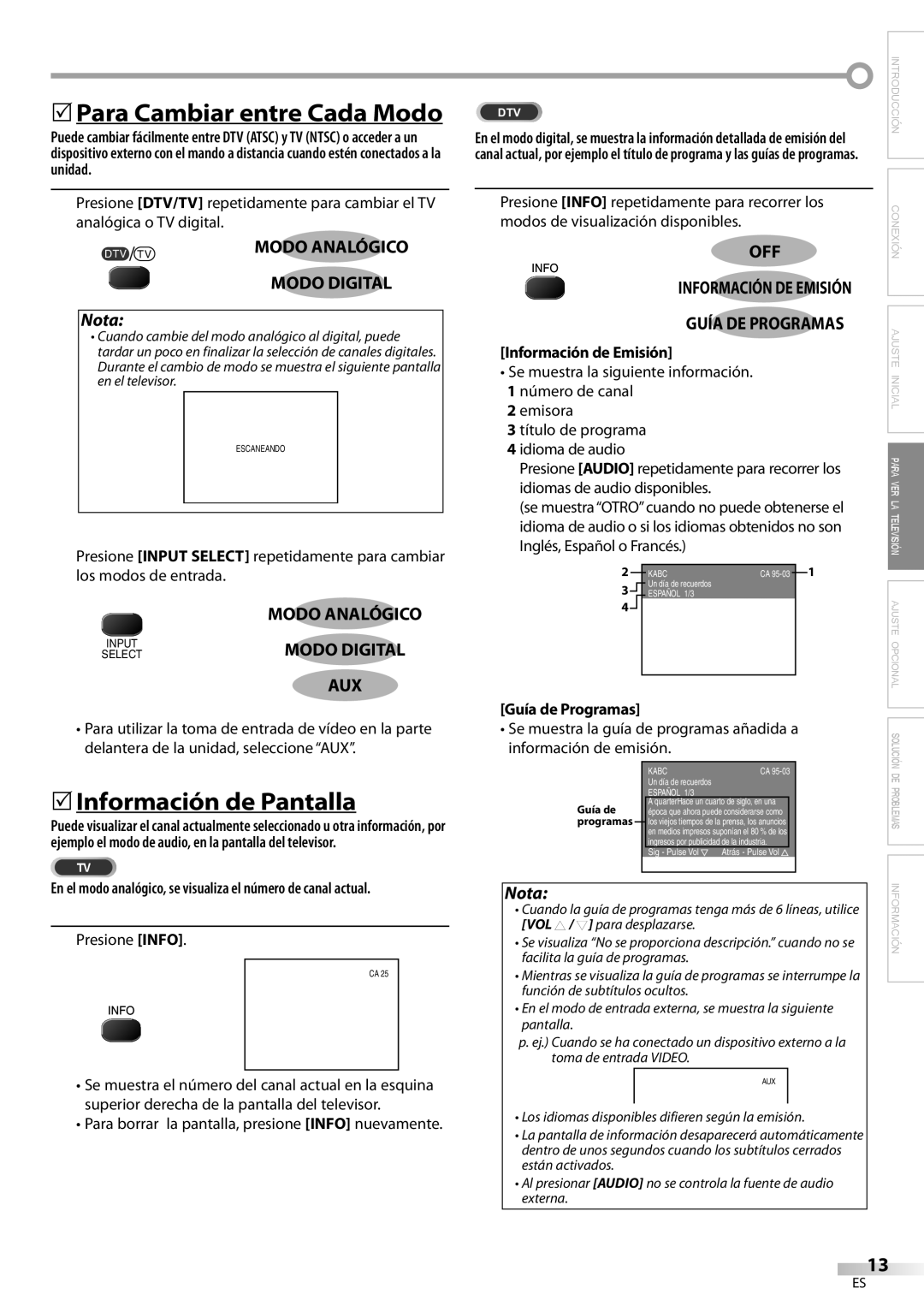 FUNAI CR130DR8 owner manual 5Para Cambiar entre Cada Modo, 5Información de Pantalla, Modo Analógico, Modo Digital 