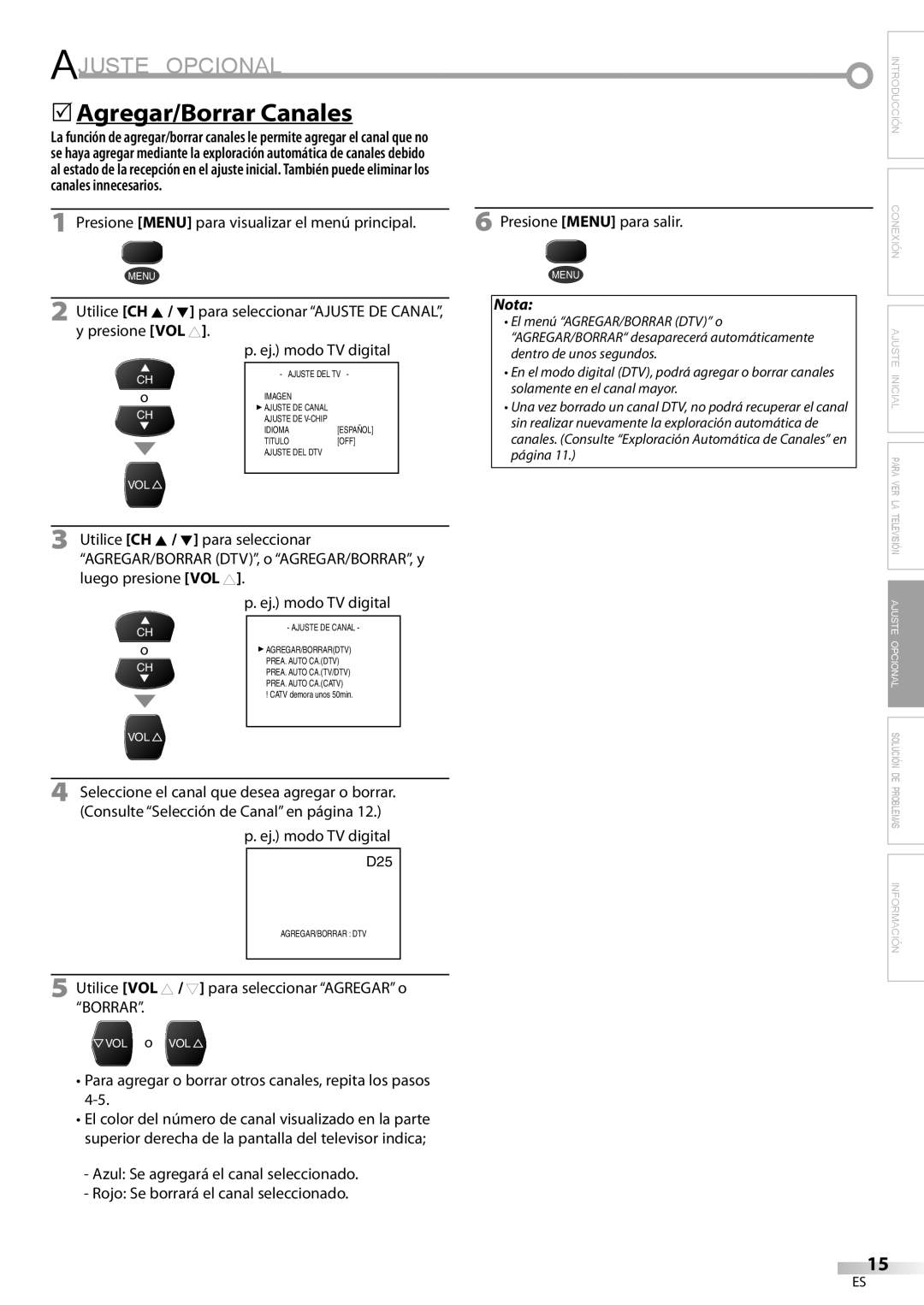 FUNAI CR130DR8 owner manual Ajuste Opcional, 5Agregar/Borrar Canales, Utilice VOL X / Y para seleccionar Agregar o Borrar 