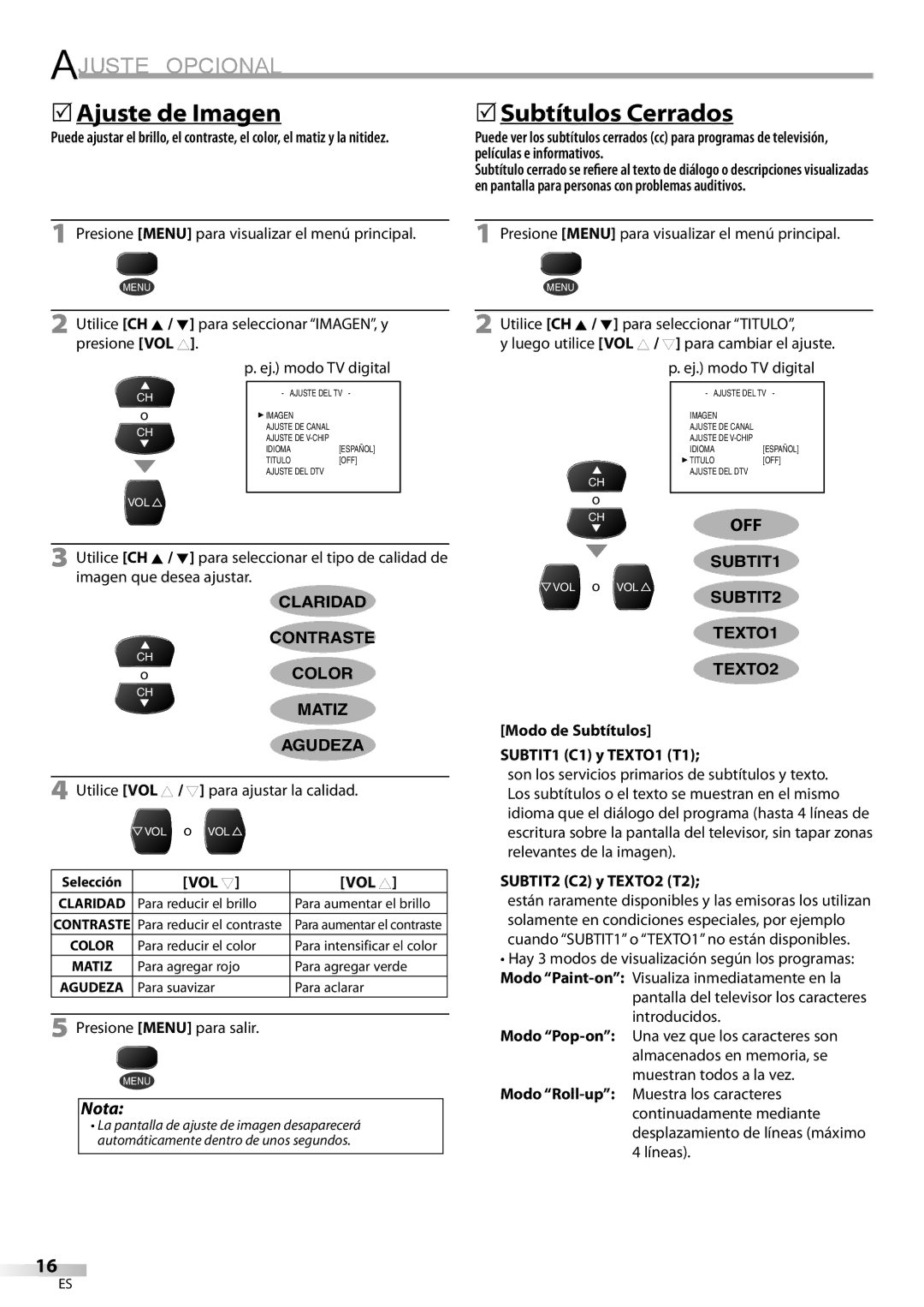 FUNAI CR130DR8 owner manual 5Ajuste de Imagen, Vol Y, Modo de Subtítulos SUBTIT1 C1 y TEXTO1 T1, SUBTIT2 C2 y TEXTO2 T2 