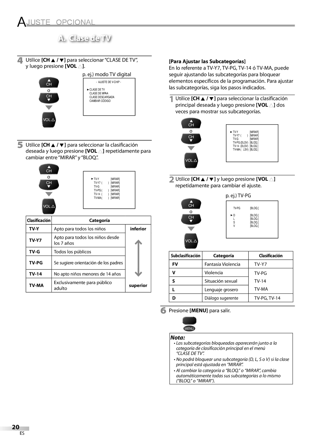 FUNAI CR130DR8 owner manual Clase de TV, Para Ajustar las Subcategorías 