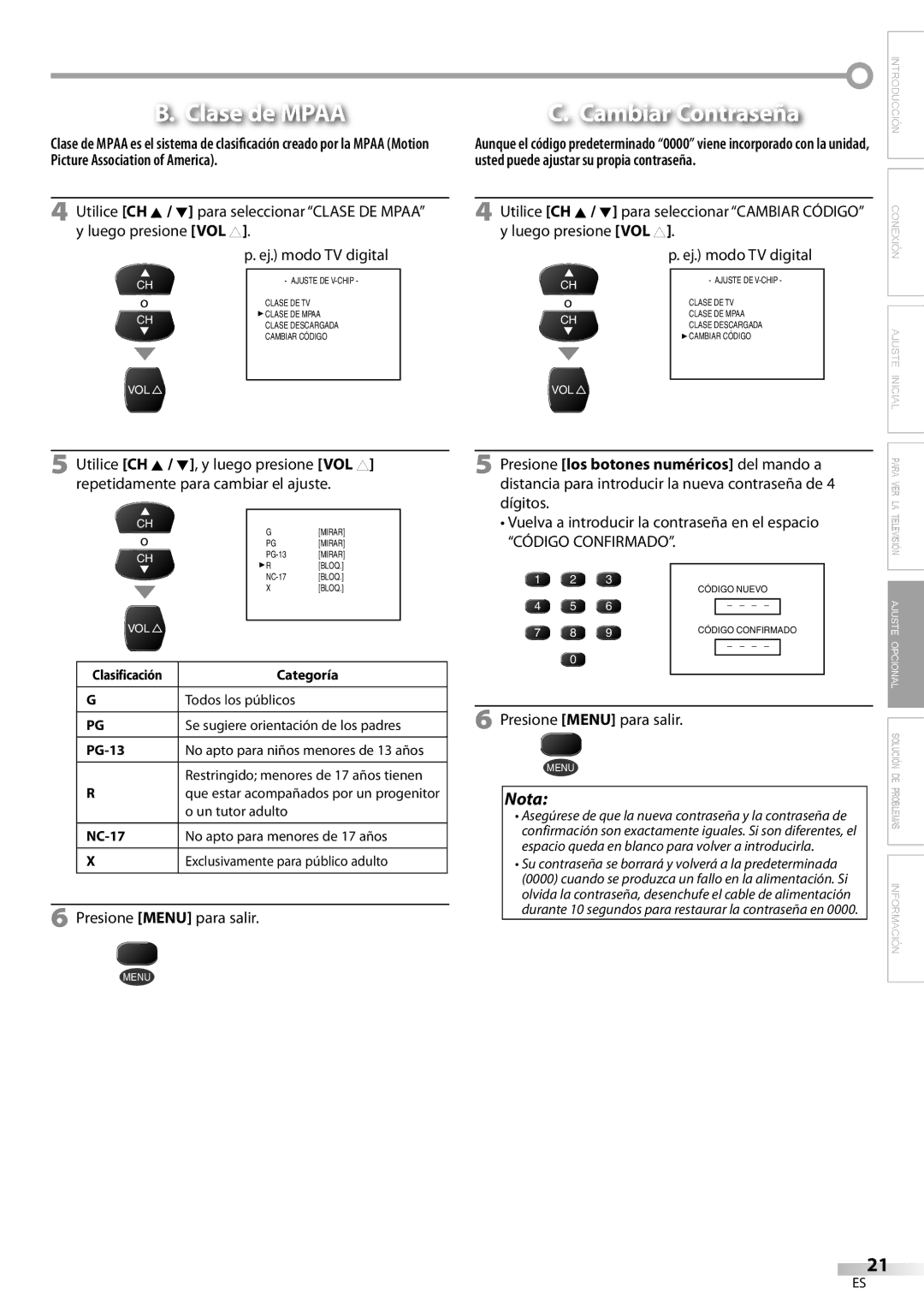 FUNAI CR130DR8 owner manual Clase de Mpaa, Vuelva a introducir la contraseña en el espacio 