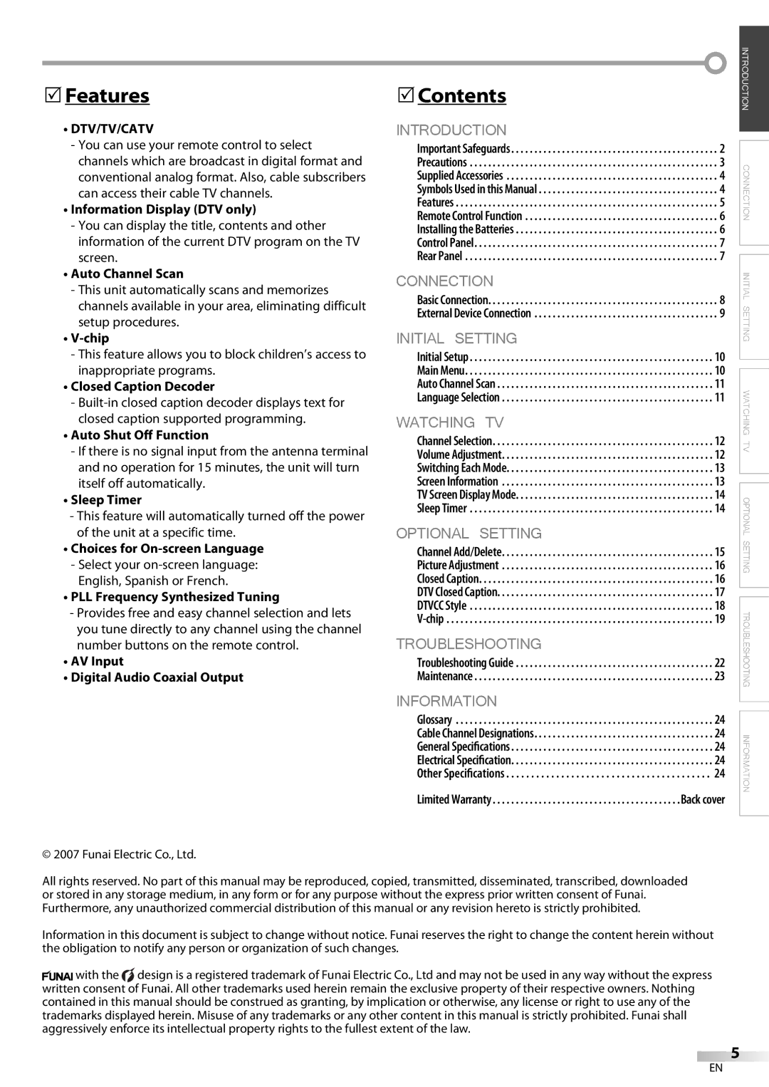 FUNAI CR130DR8 owner manual Features, Contents, Dtv/Tv/Catv 