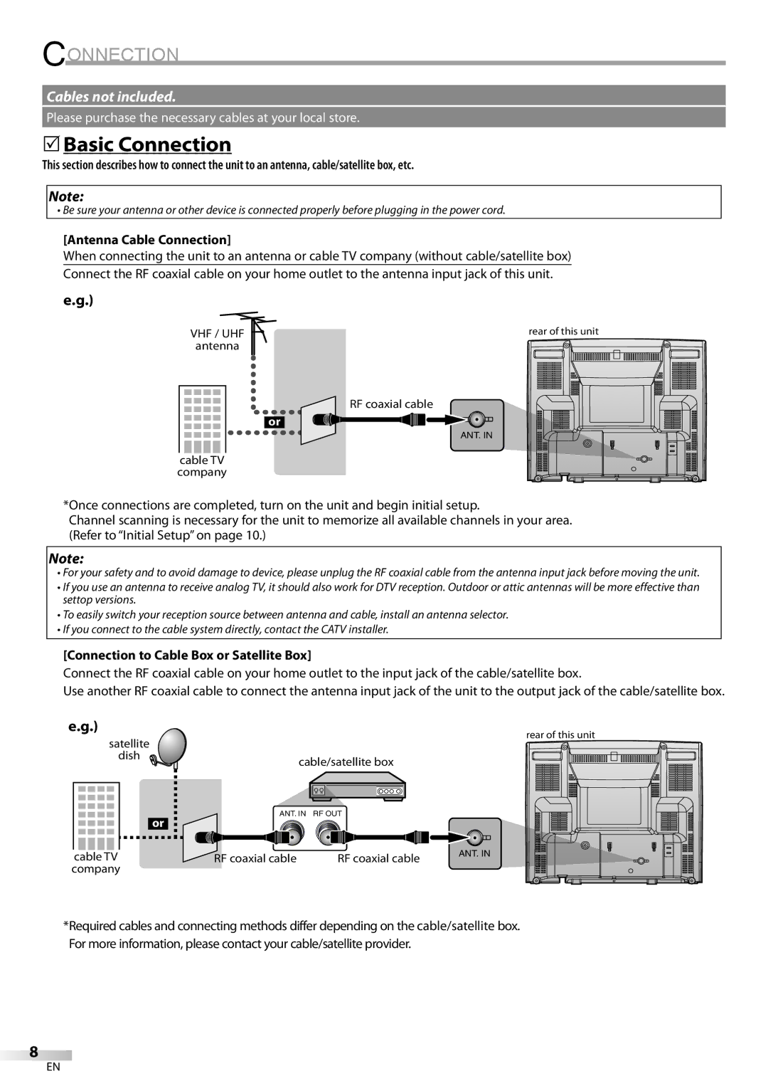 FUNAI CR130DR8 owner manual 5Basic Connection, Antenna Cable Connection, Connection to Cable Box or Satellite Box 