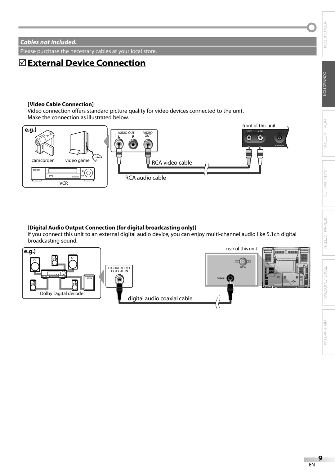 FUNAI CR130DR8 owner manual 5External Device Connection, Video Cable Connection, RCA video cable RCA audio cable 