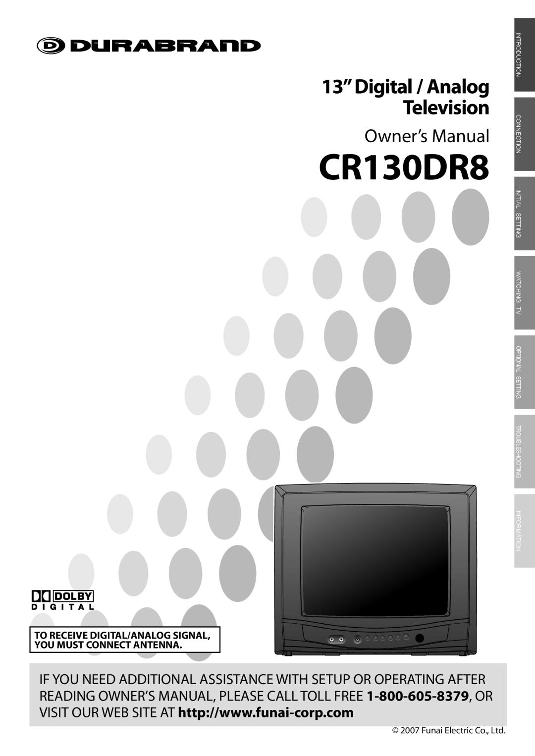 FUNAI CR130DR8 owner manual Owner’s Manual, 13”Digital / Analog Television 