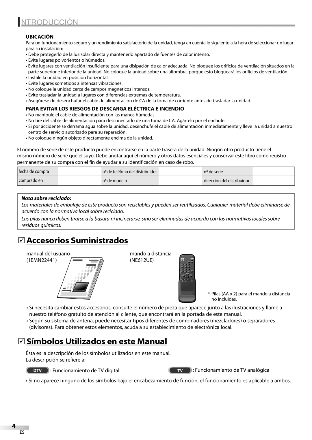 FUNAI CR130DR8 owner manual 5Accesorios Suministrados, 5Símbolos Utilizados en este Manual, Introducción, Ubicación 