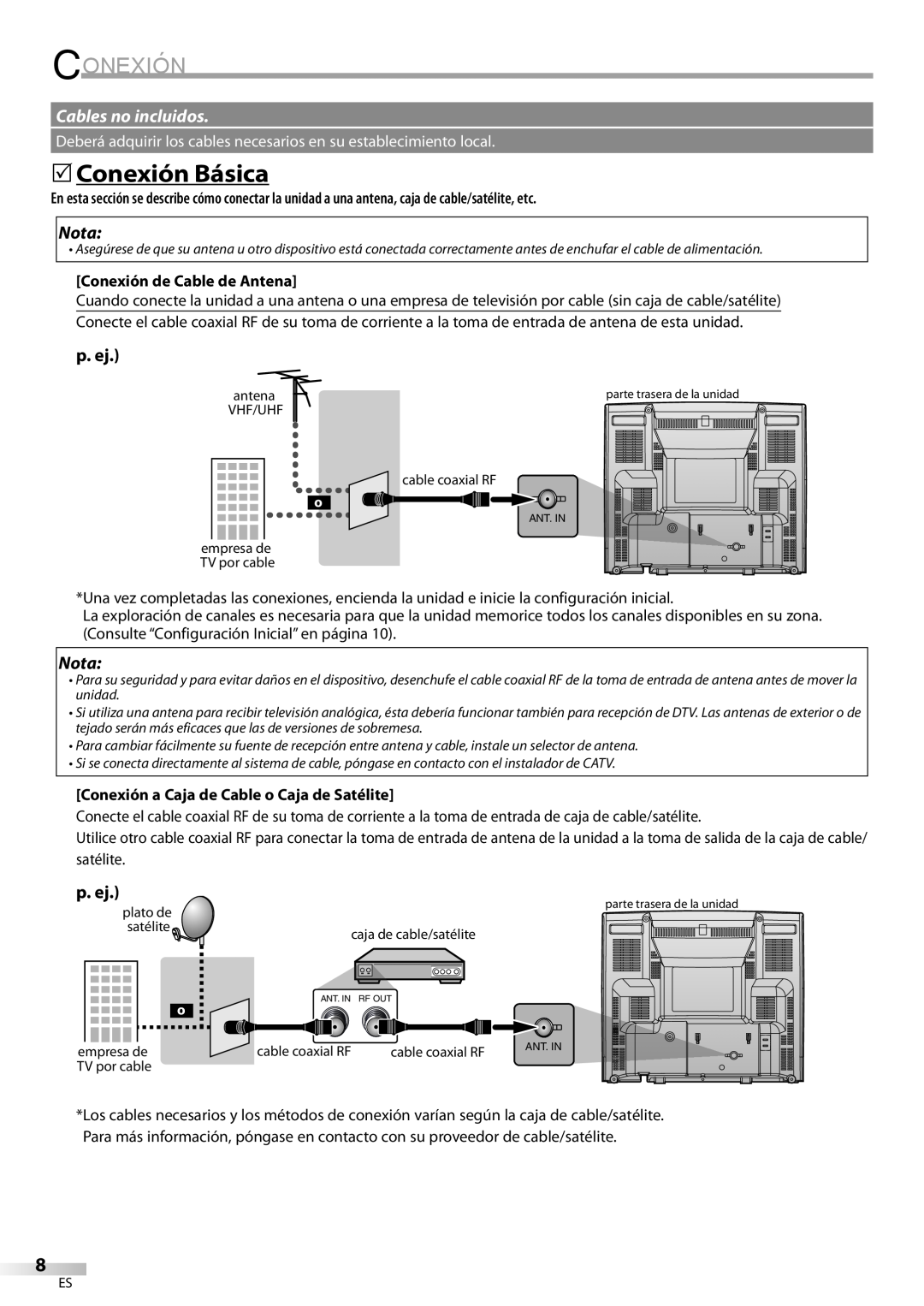 FUNAI CR130DR8 owner manual 5Conexión Básica, Cables no incluidos, Nota, p. ej, Conexión de Cable de Antena 