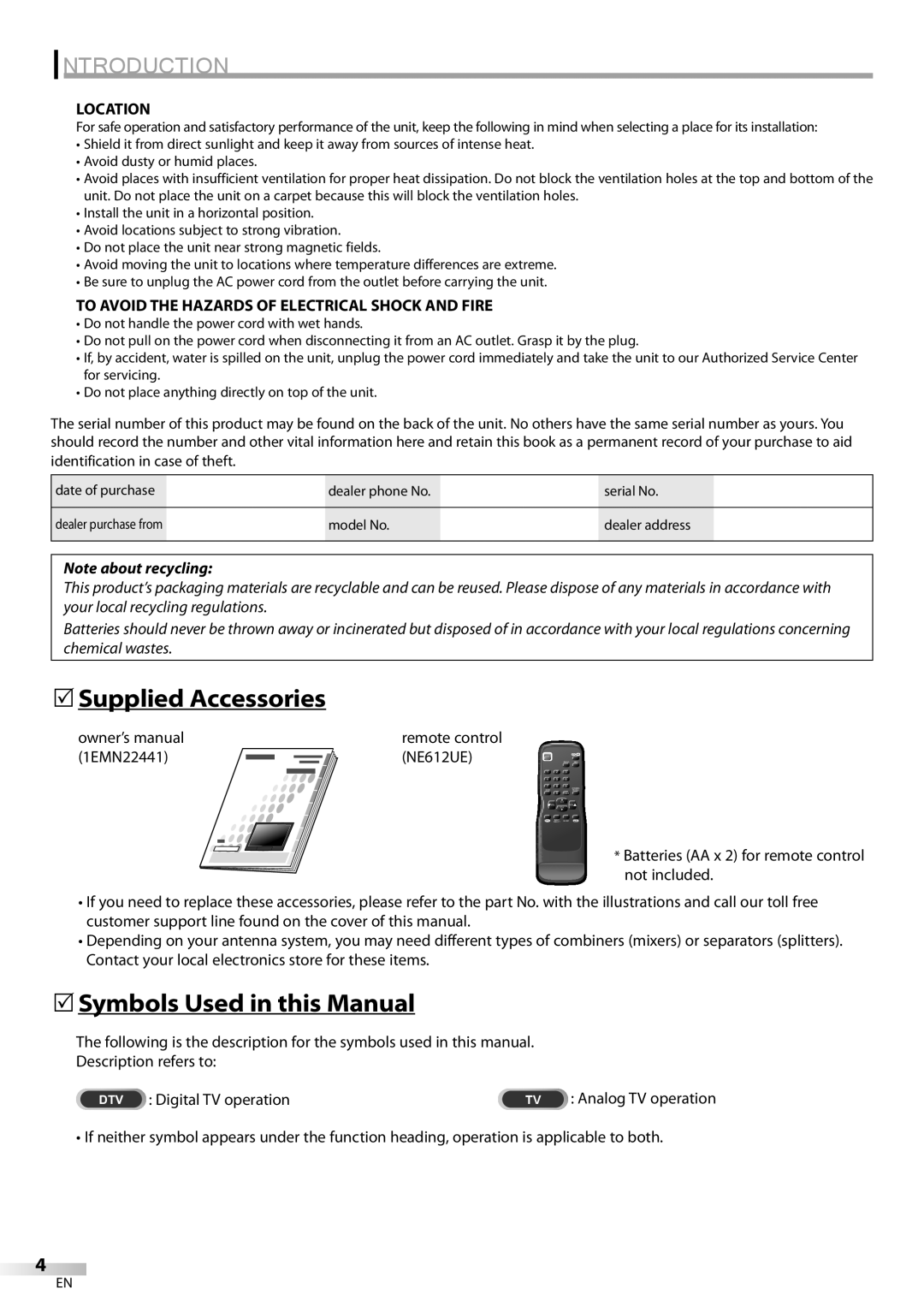 FUNAI CR130DR8 5Supplied Accessories, 5Symbols Used in this Manual, Introduction, Location, Note about recycling 